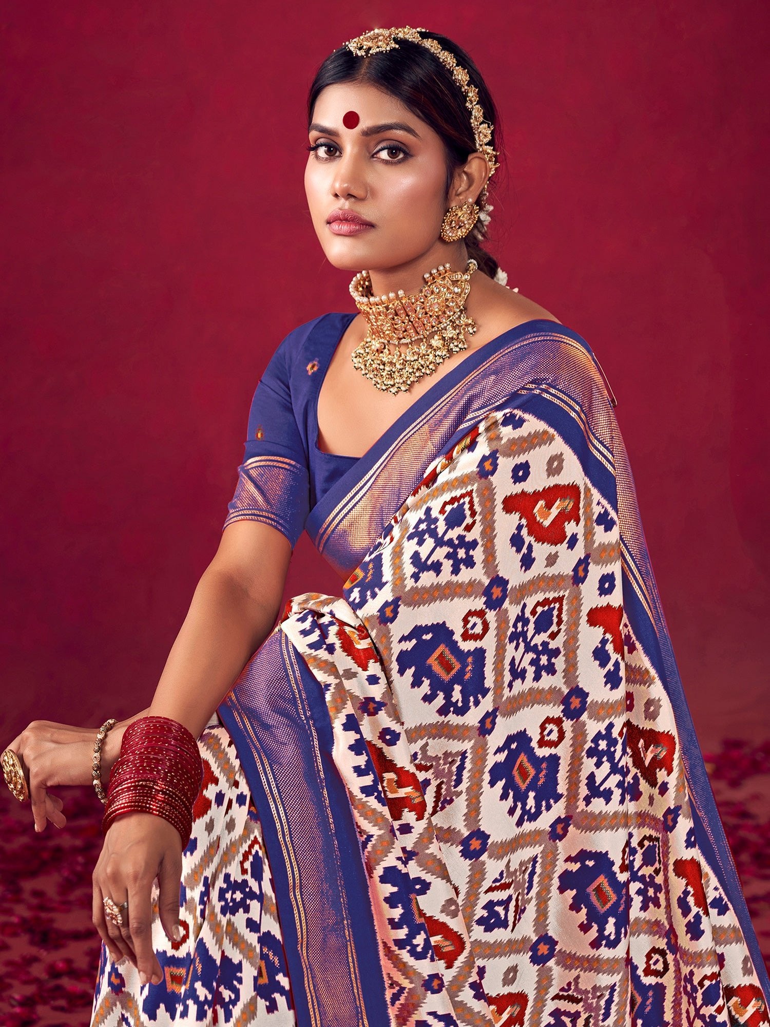 Patola Ikat Woven Silk Blend Heritage Elephant Motifs Saree - Ressa
