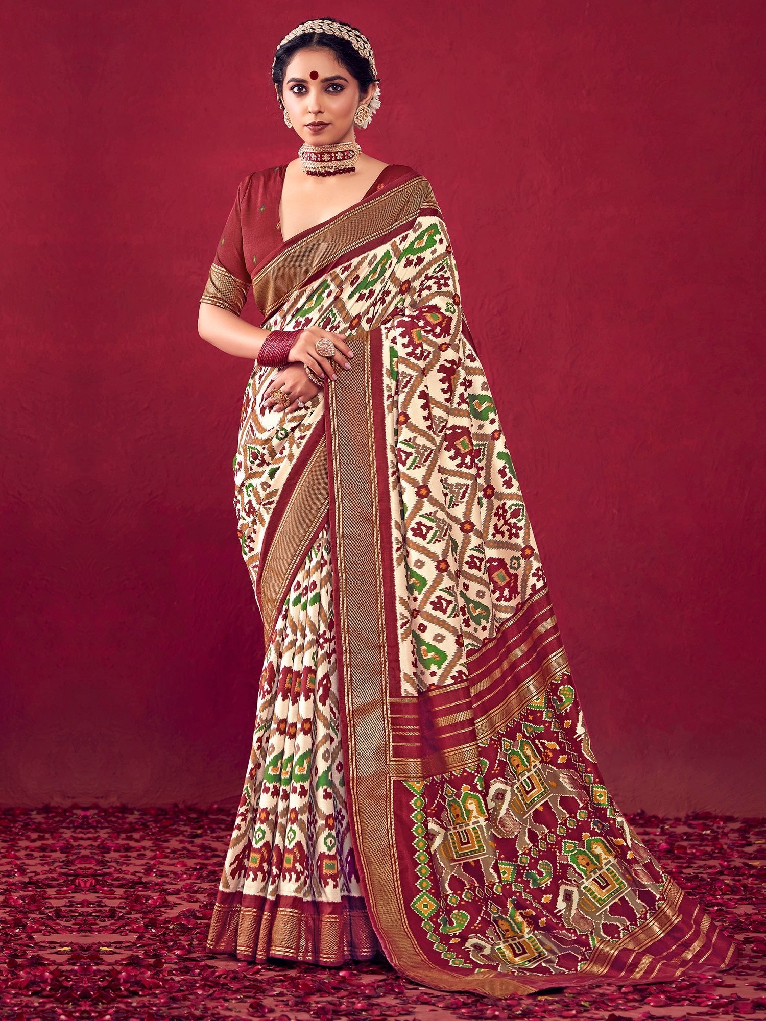 Patola Ikat Woven Silk Blend Heritage Elephant Motifs Saree - Ressa