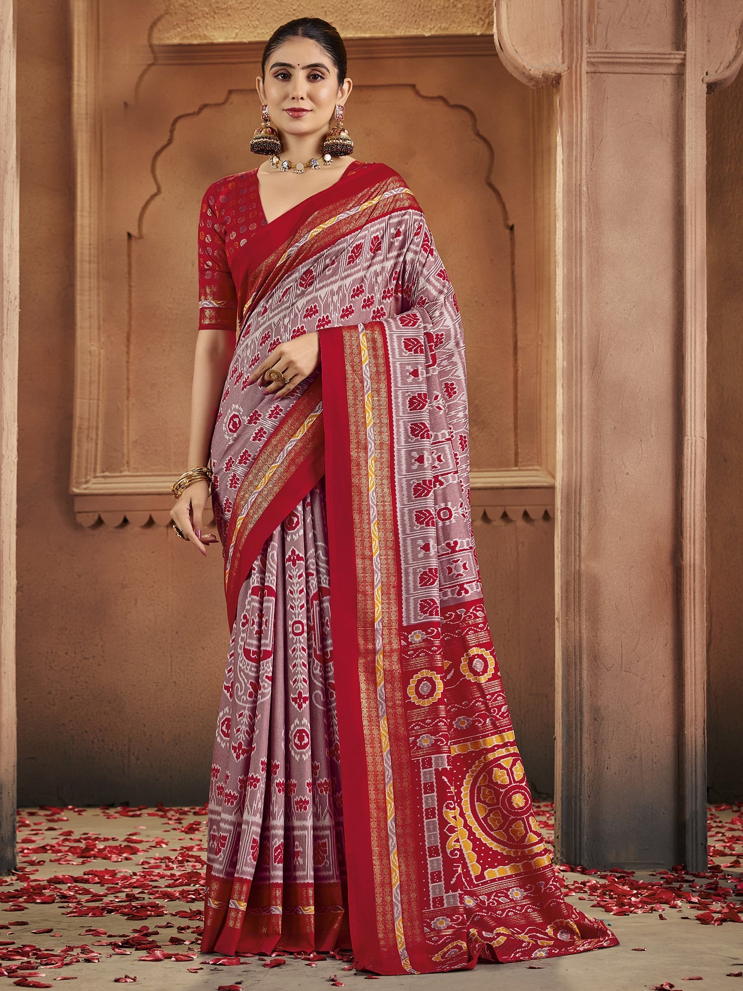 Patola Silk Saree | Grey & Red Ikat Weave with Zari Border - Ressa