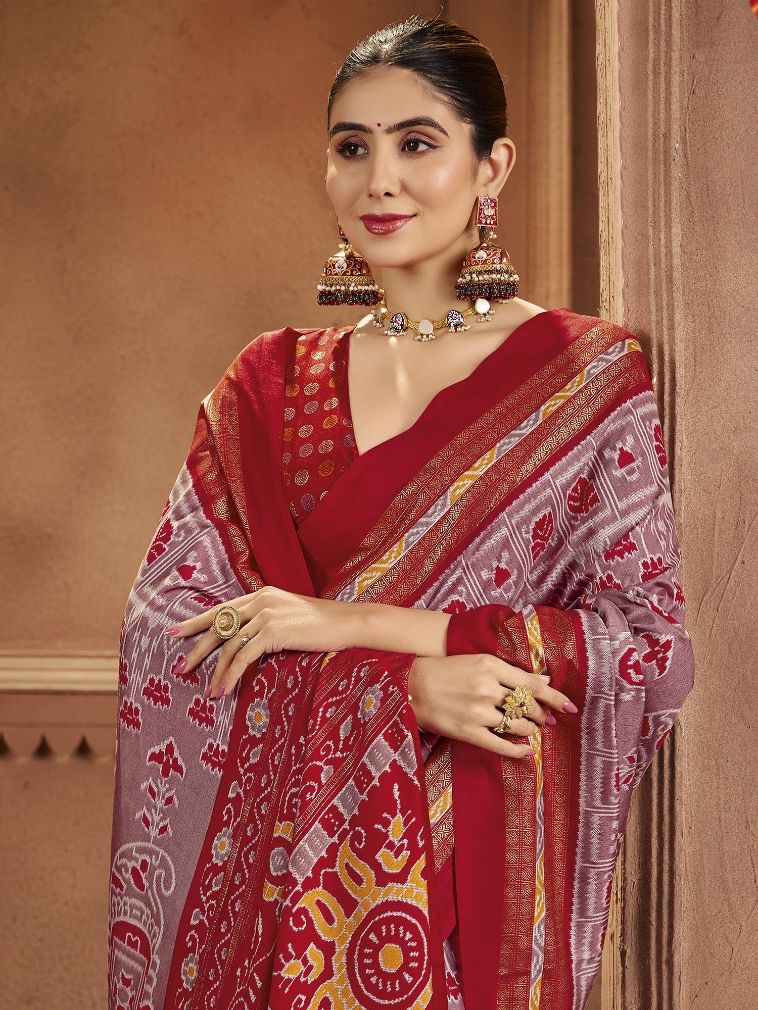 Patola Silk Saree | Grey & Red Ikat Weave with Zari Border - Ressa