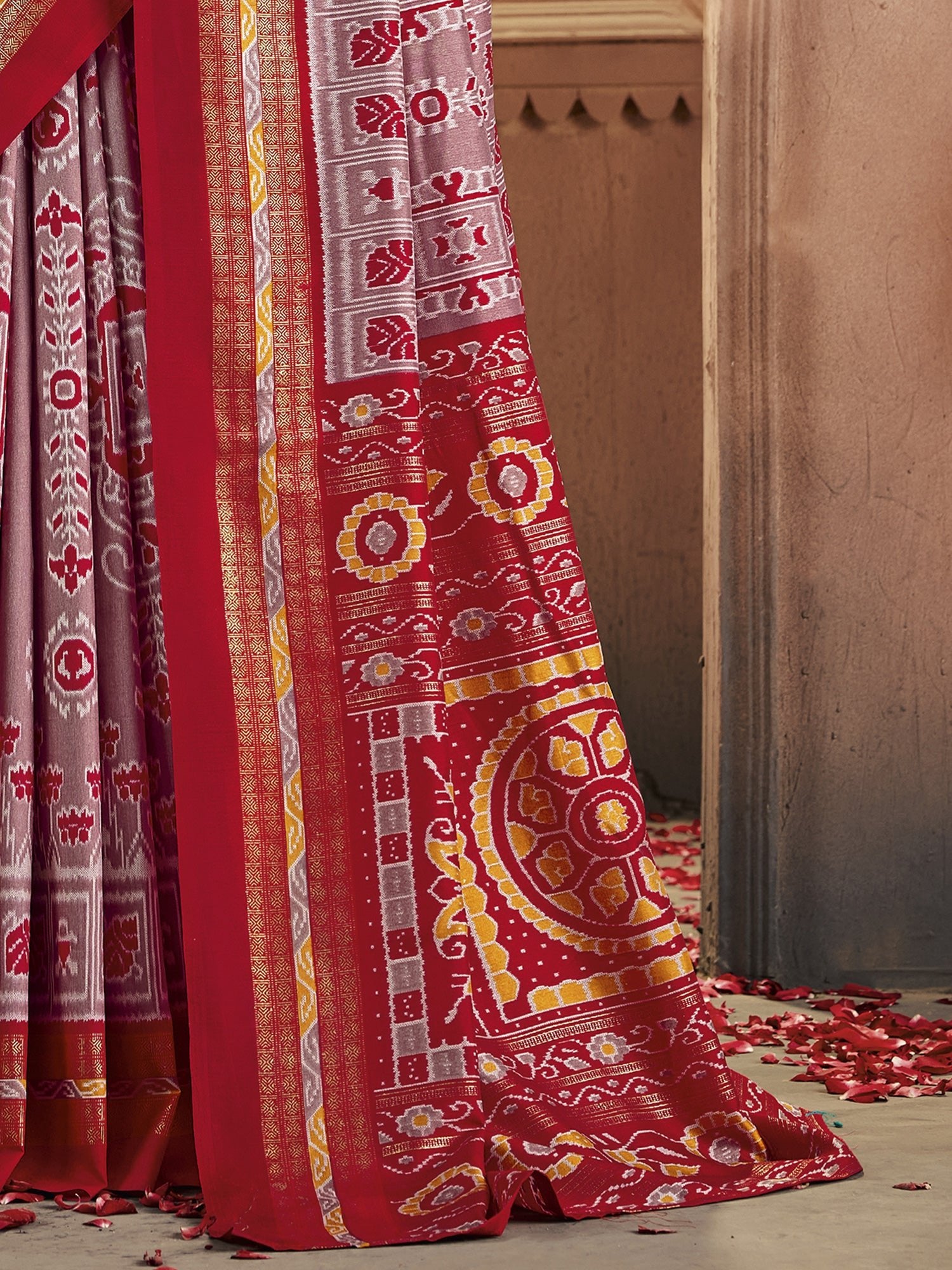 Patola Silk Saree | Grey & Red Ikat Weave with Zari Border - Ressa