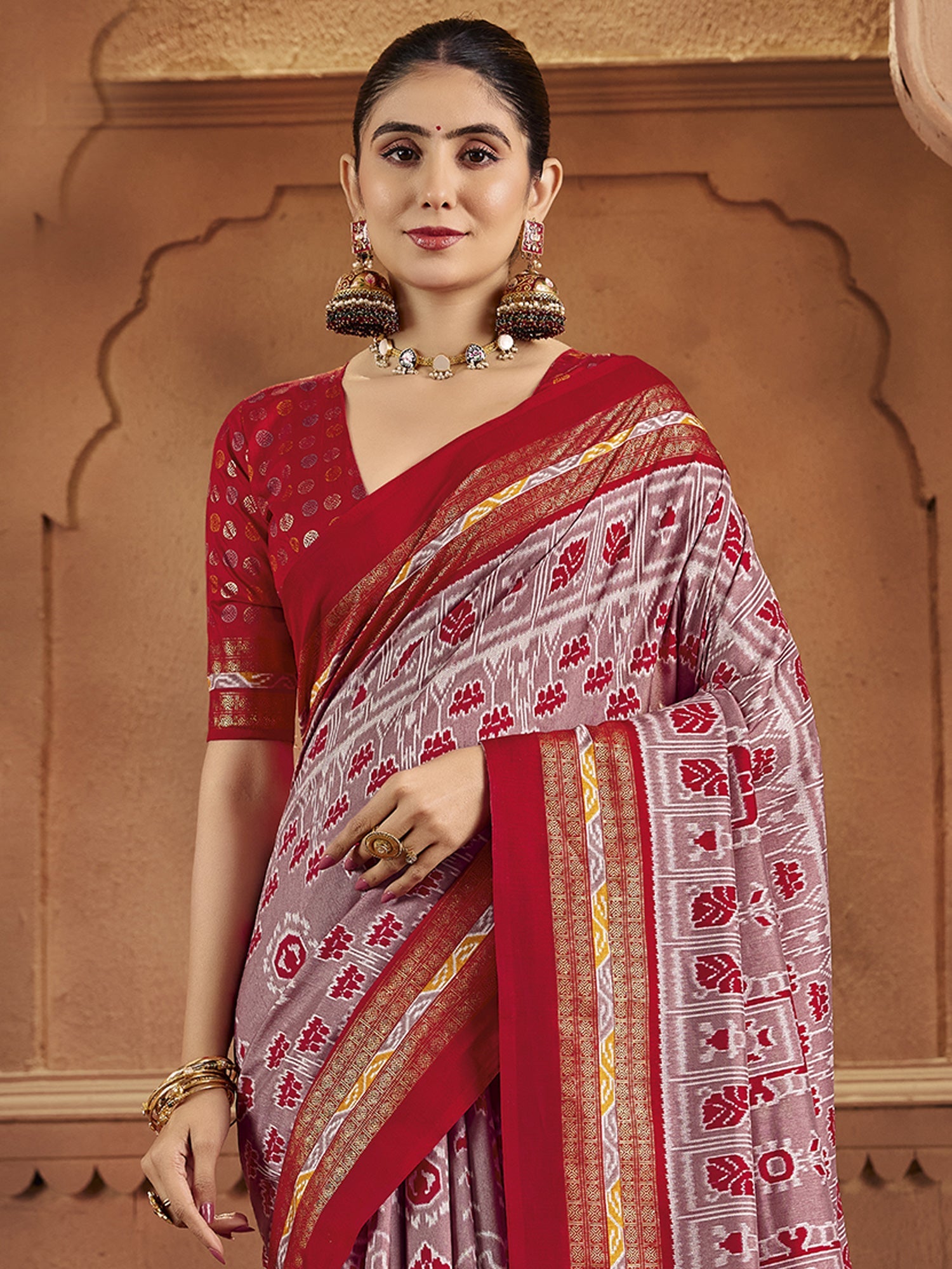 Patola Silk Saree | Grey & Red Ikat Weave with Zari Border - Ressa