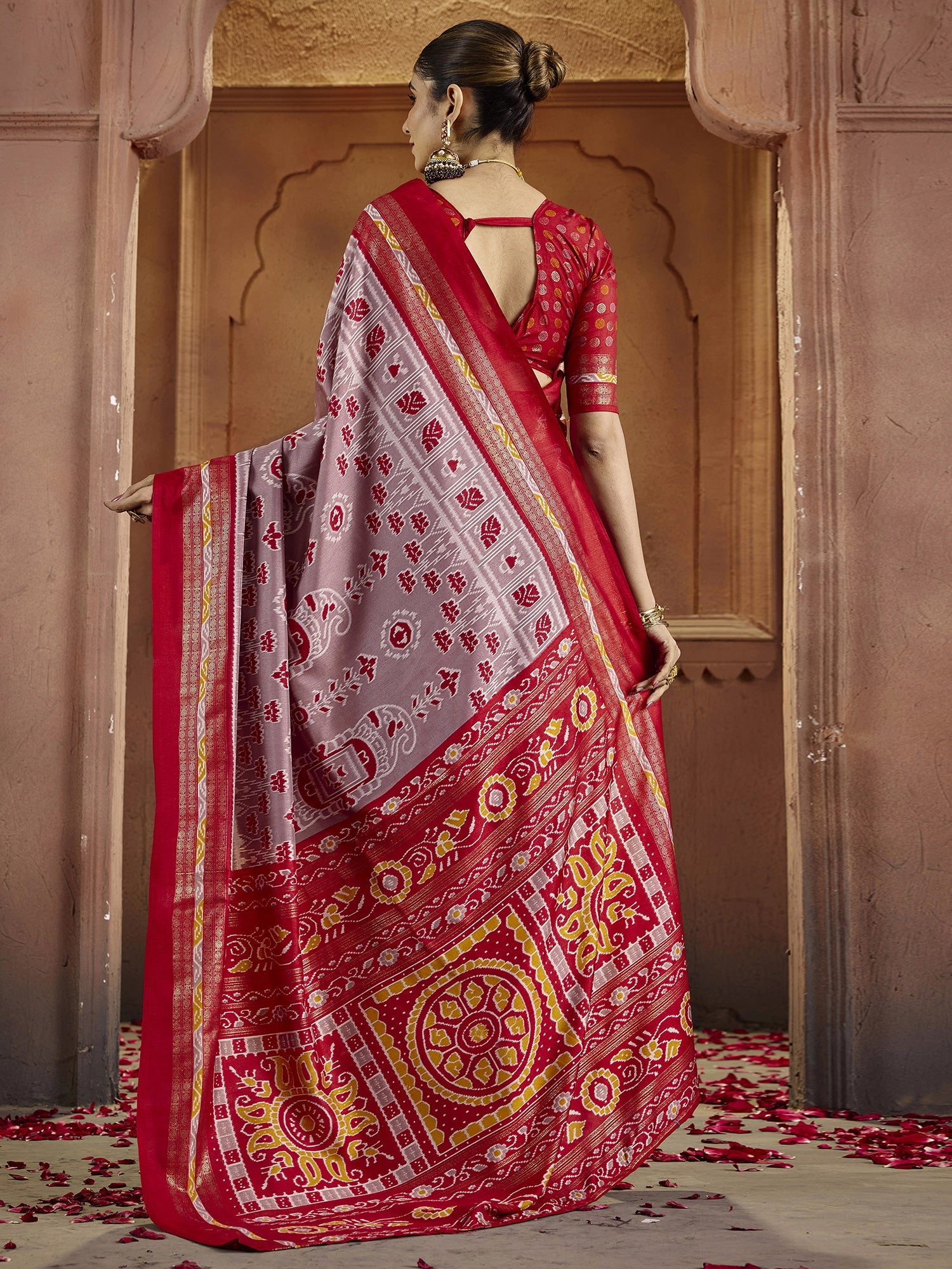 Patola Silk Saree | Grey & Red Ikat Weave with Zari Border - Ressa