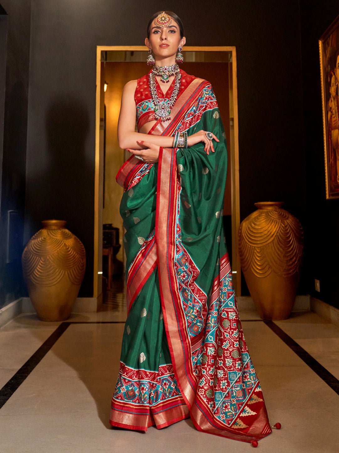 Patola Silk Saree in Bottle Green & Red with Patola Border - Ressa
