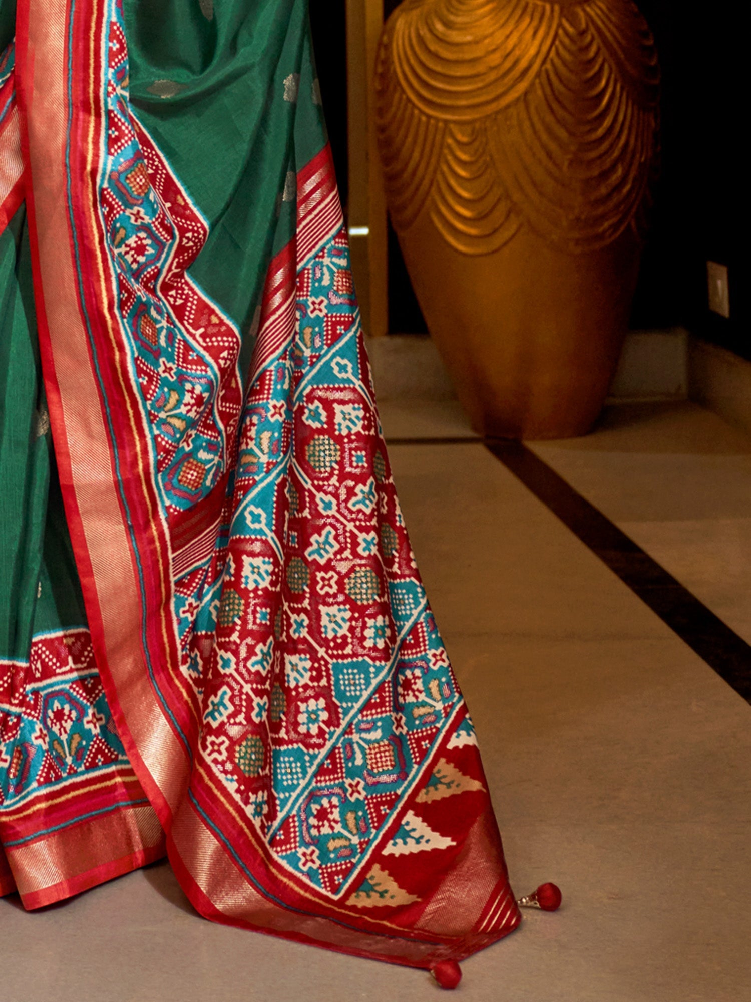 Patola Silk Saree in Bottle Green & Red with Patola Border - Ressa