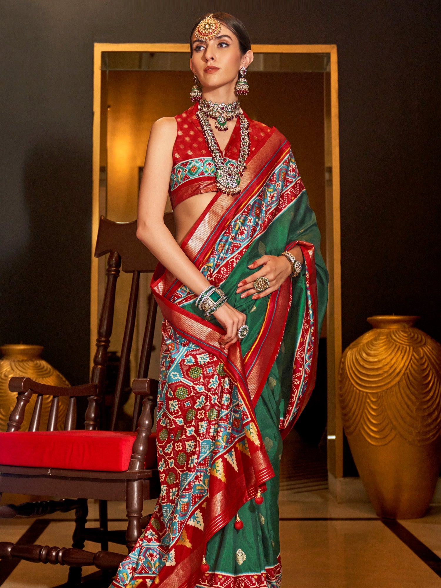 Patola Silk Saree in Bottle Green & Red with Patola Border - Ressa