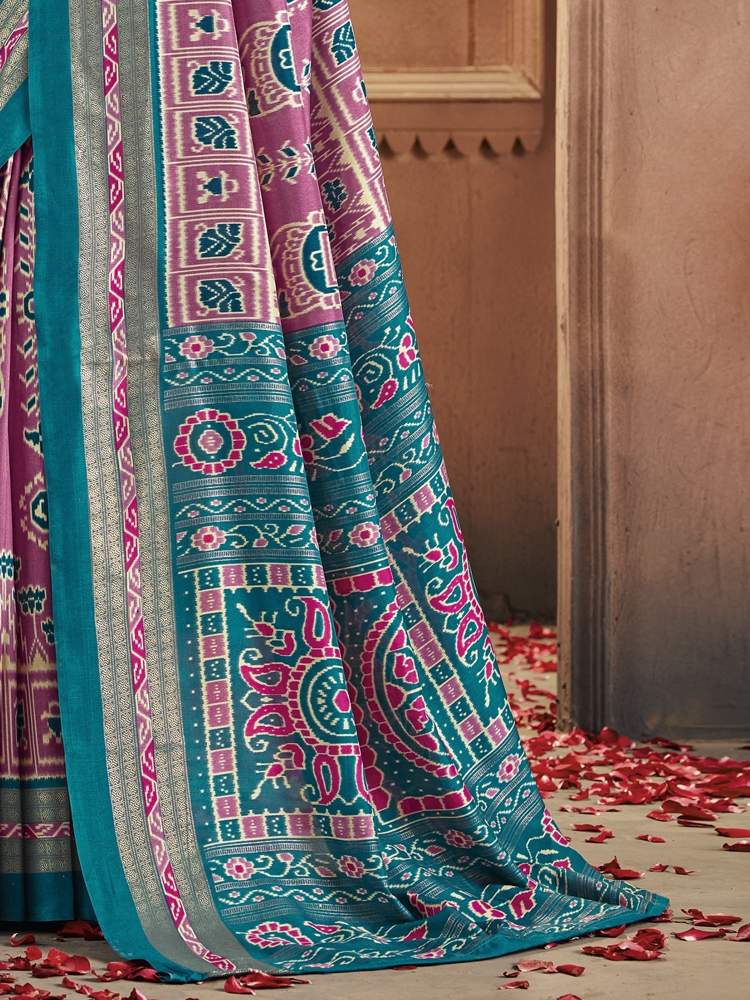 Patola Silk Saree in Mauve & Teal | Ikat Weave with Zari Border - Ressa