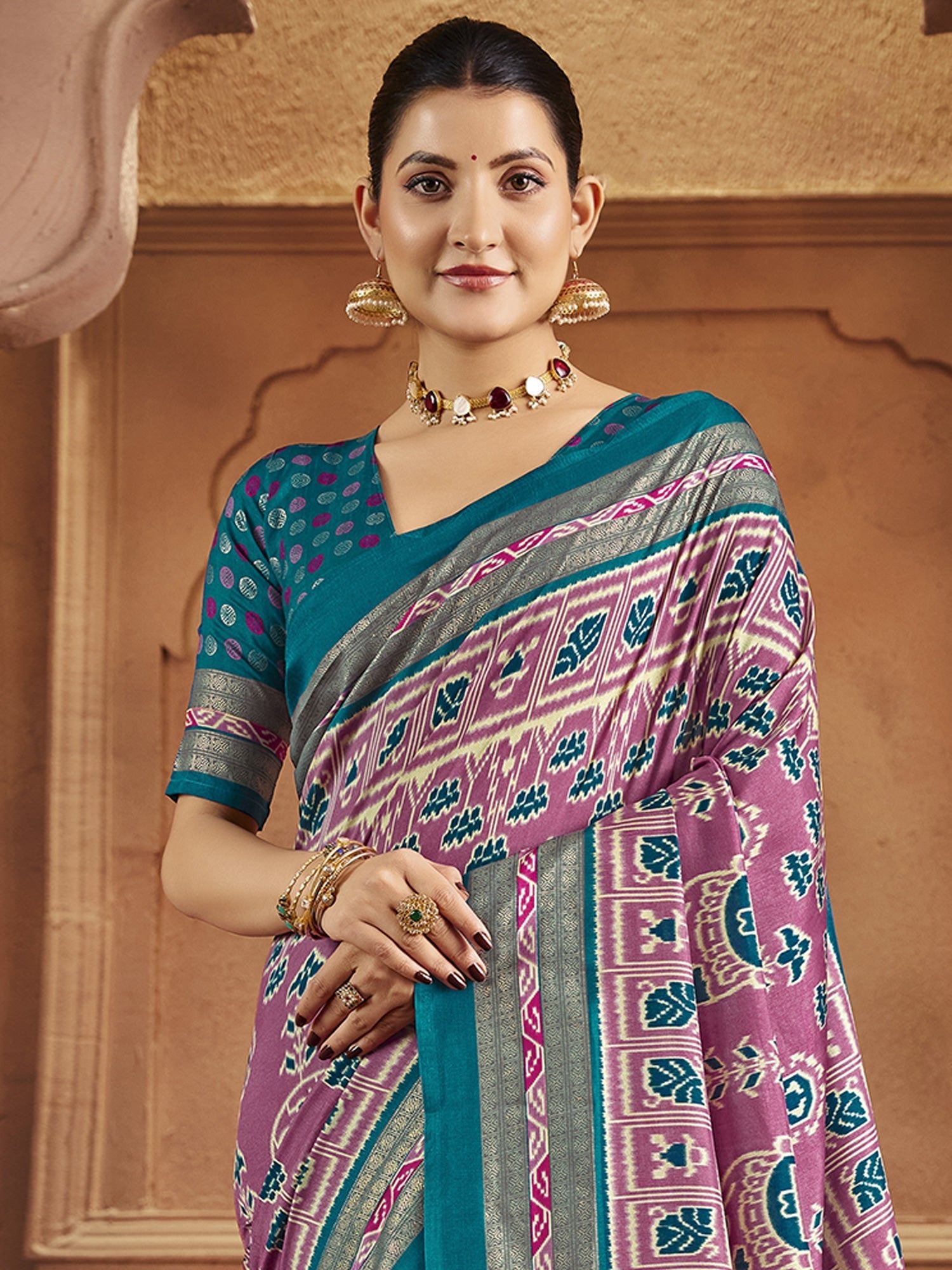 Patola Silk Saree in Mauve & Teal | Ikat Weave with Zari Border - Ressa