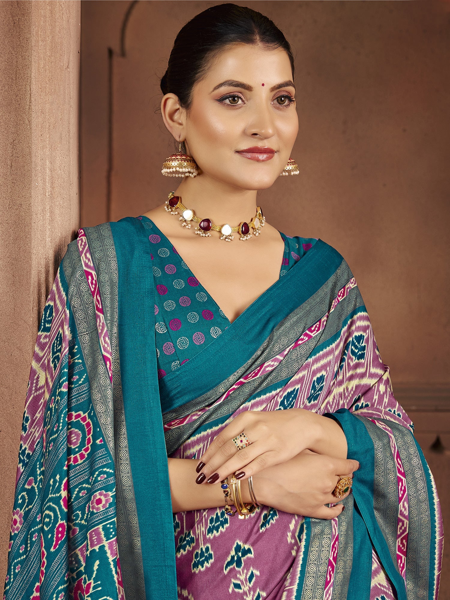 Patola Silk Saree in Mauve & Teal | Ikat Weave with Zari Border - Ressa
