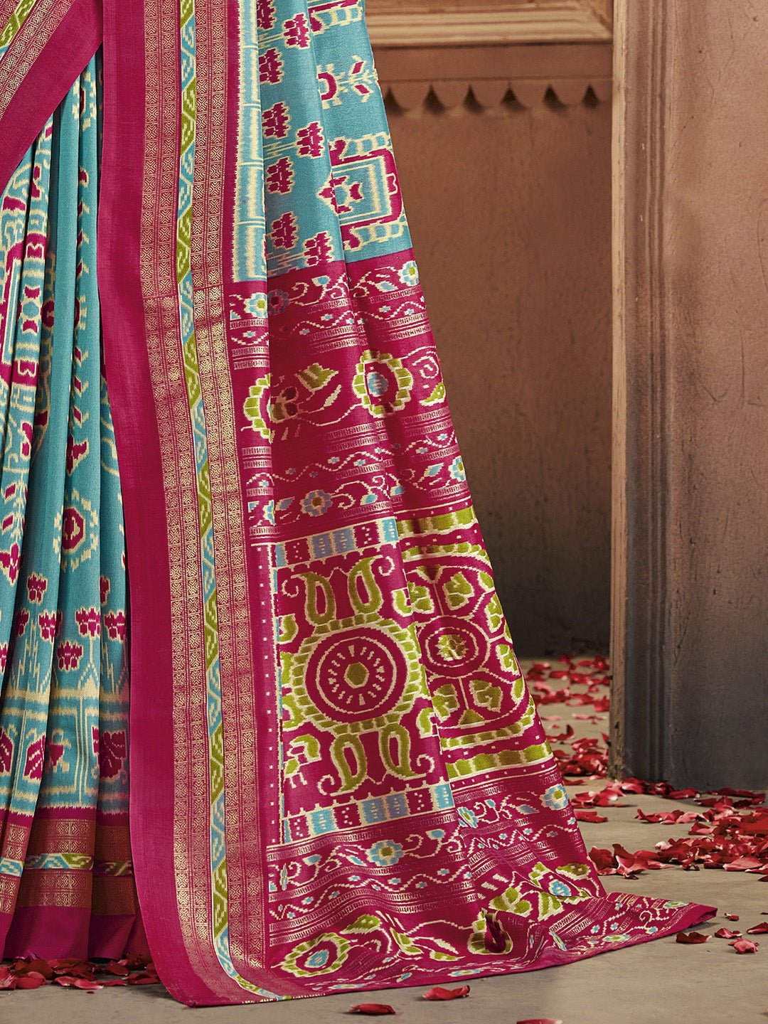 Patola Silk Saree in Sky Blue & Rani Pink | Ikat Weave with Zari Border - Ressa