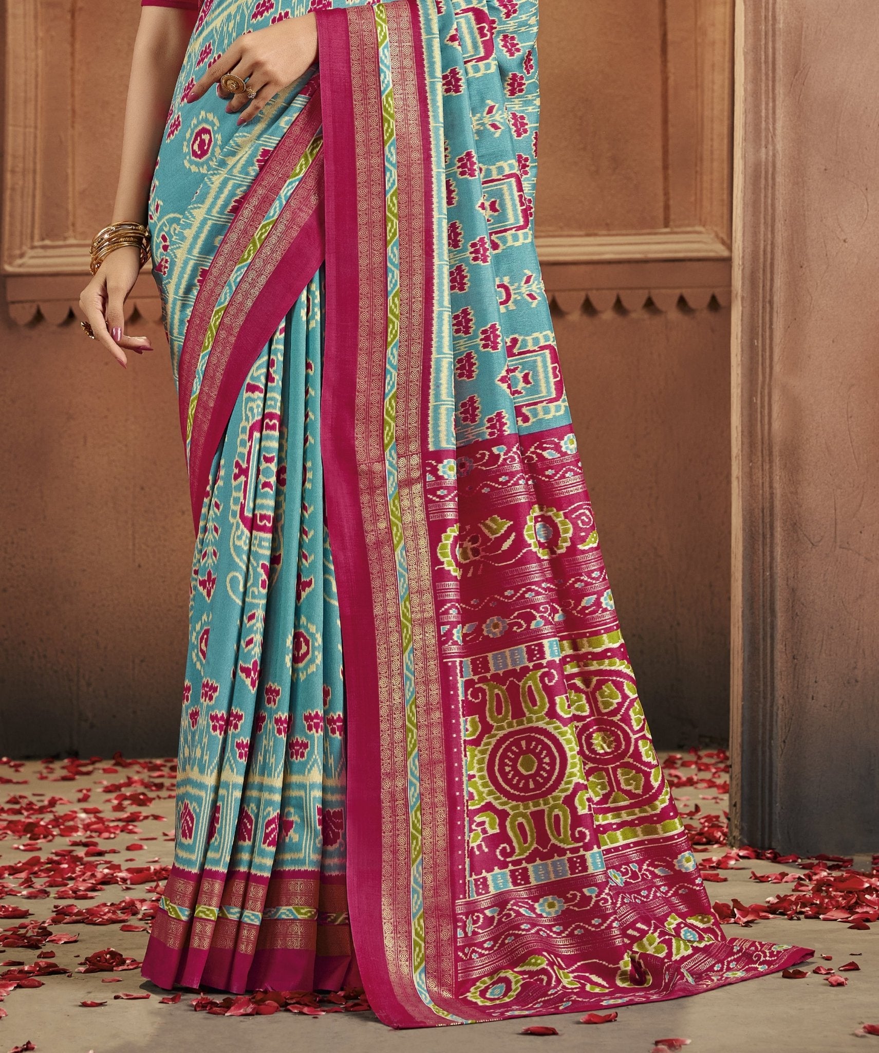 Patola Silk Saree in Sky Blue & Rani Pink | Ikat Weave with Zari Border - Ressa