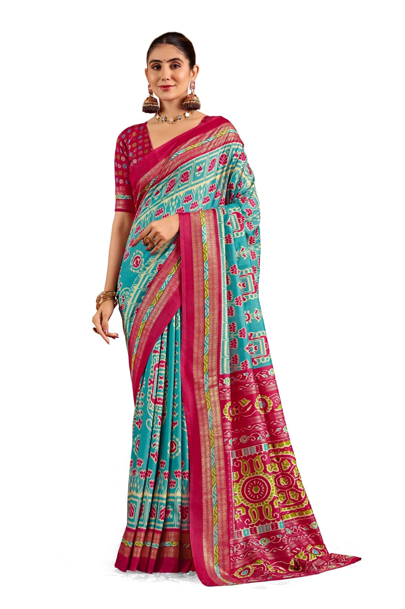 Patola Silk Saree in Sky Blue & Rani Pink | Ikat Weave with Zari Border - Ressa