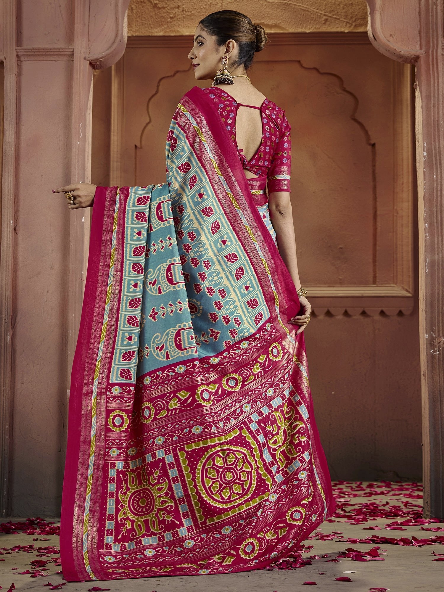 Patola Silk Saree in Sky Blue & Rani Pink | Ikat Weave with Zari Border - Ressa