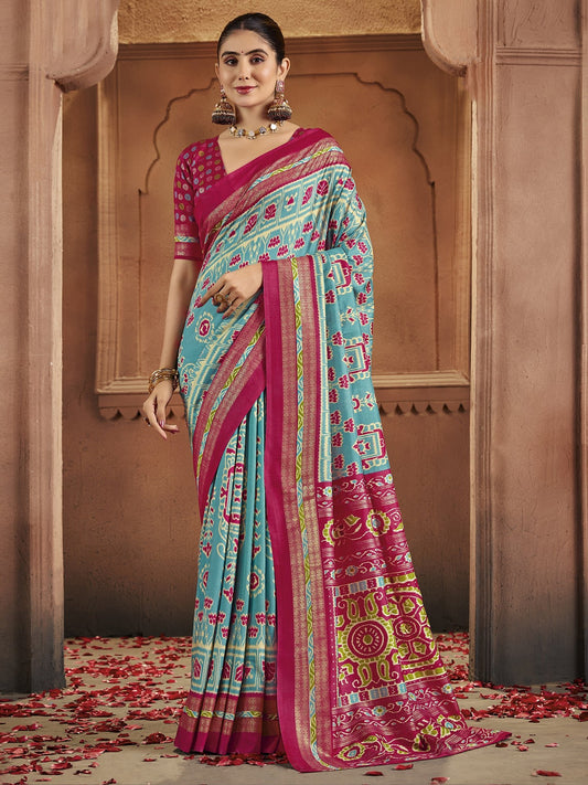 Patola Silk Saree in Sky Blue & Rani Pink | Ikat Weave with Zari Border - Ressa