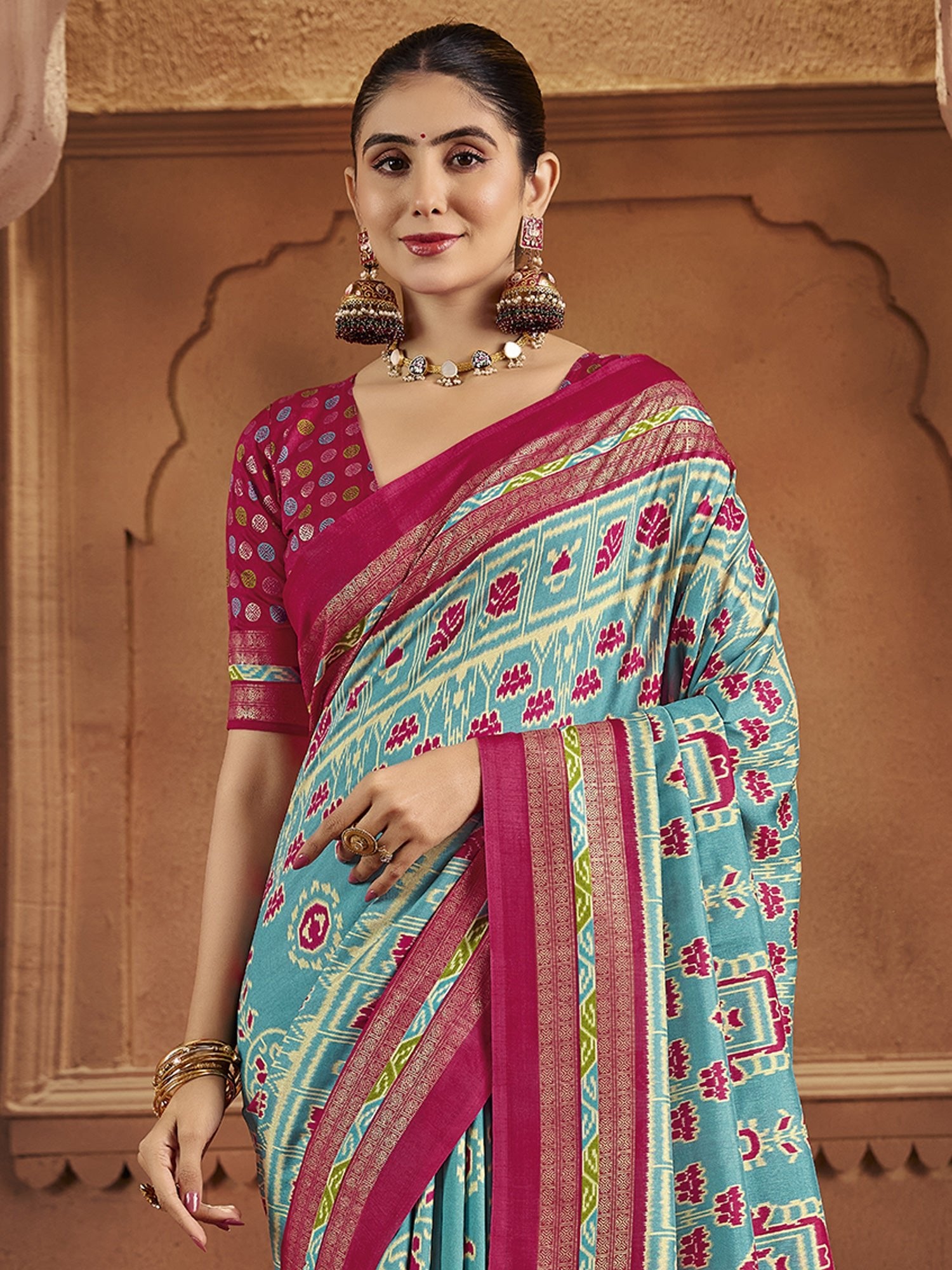 Patola Silk Saree in Sky Blue & Rani Pink | Ikat Weave with Zari Border - Ressa
