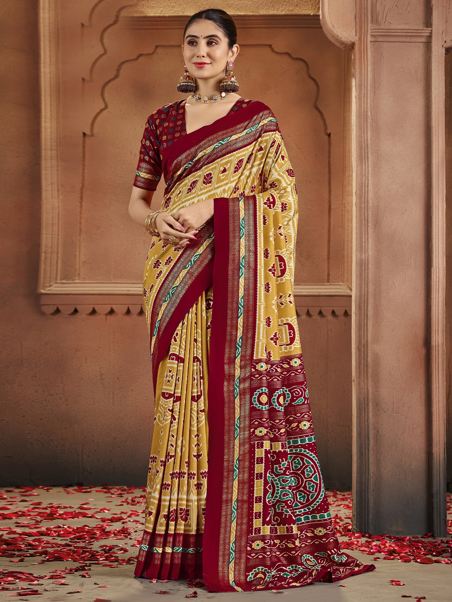 Patola Silk Saree in Yellow & Maroon with Ikat Weave - Ressa