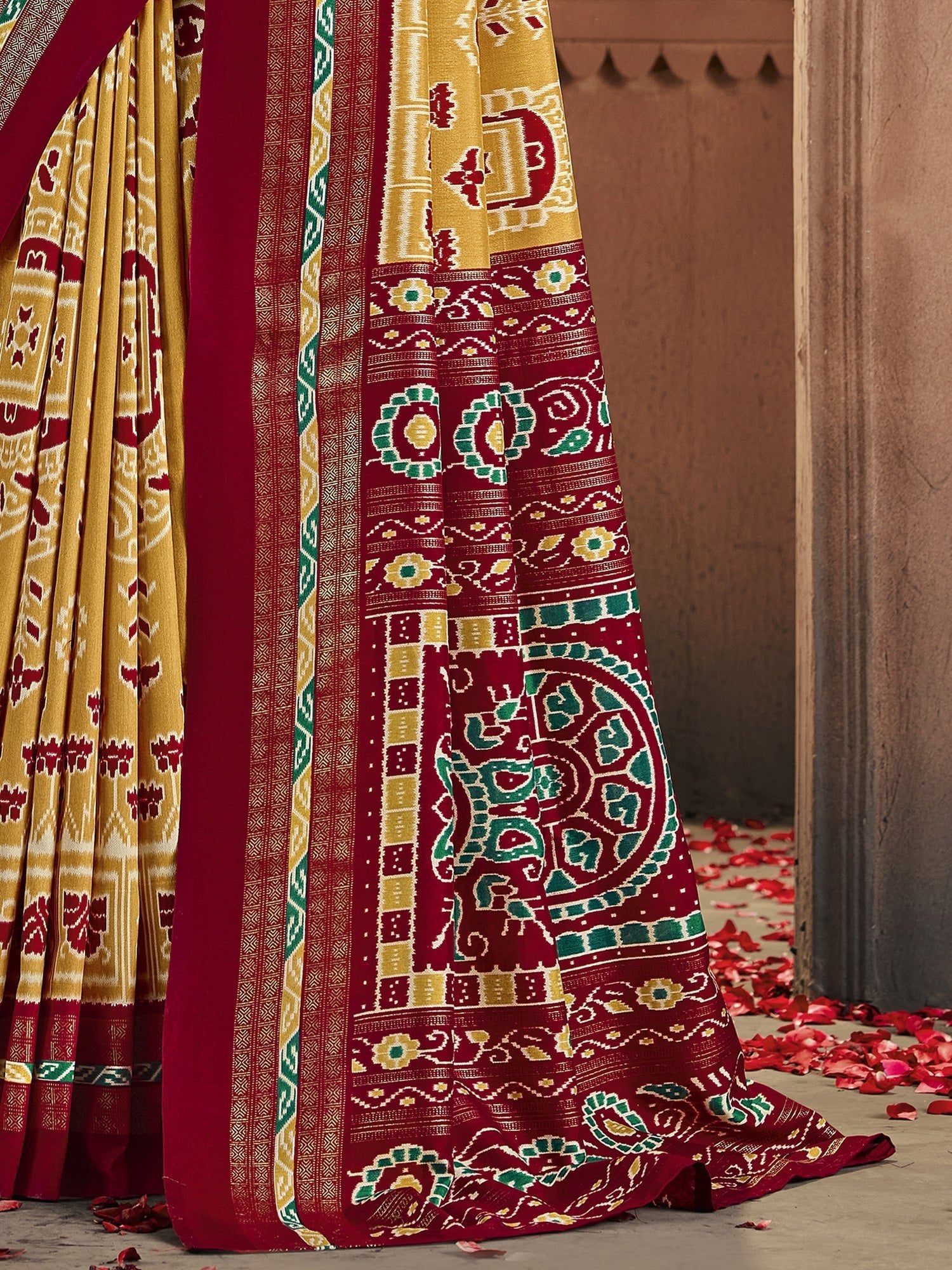 Patola Silk Saree in Yellow & Maroon with Ikat Weave - Ressa