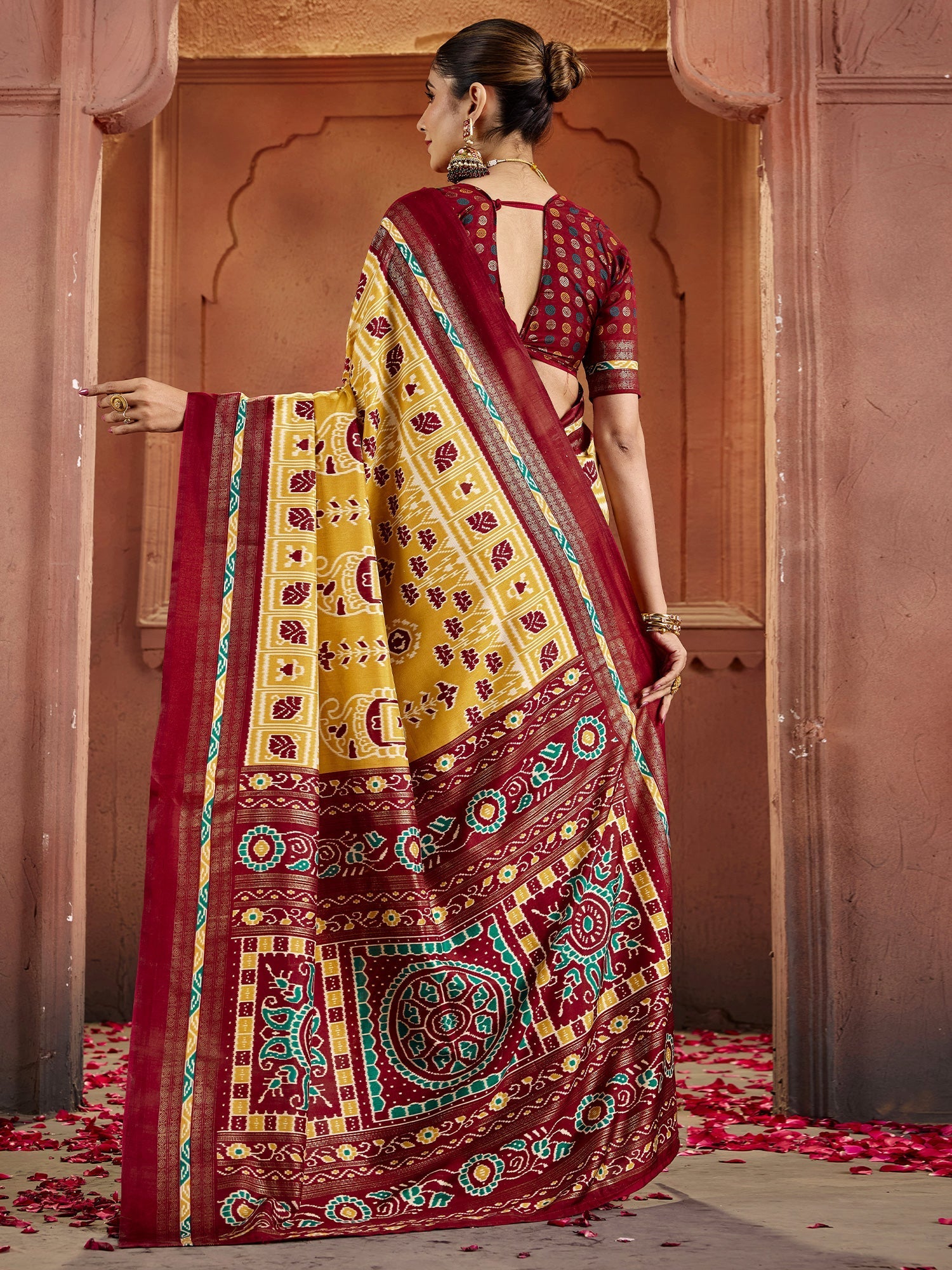 Patola Silk Saree in Yellow & Maroon with Ikat Weave - Ressa