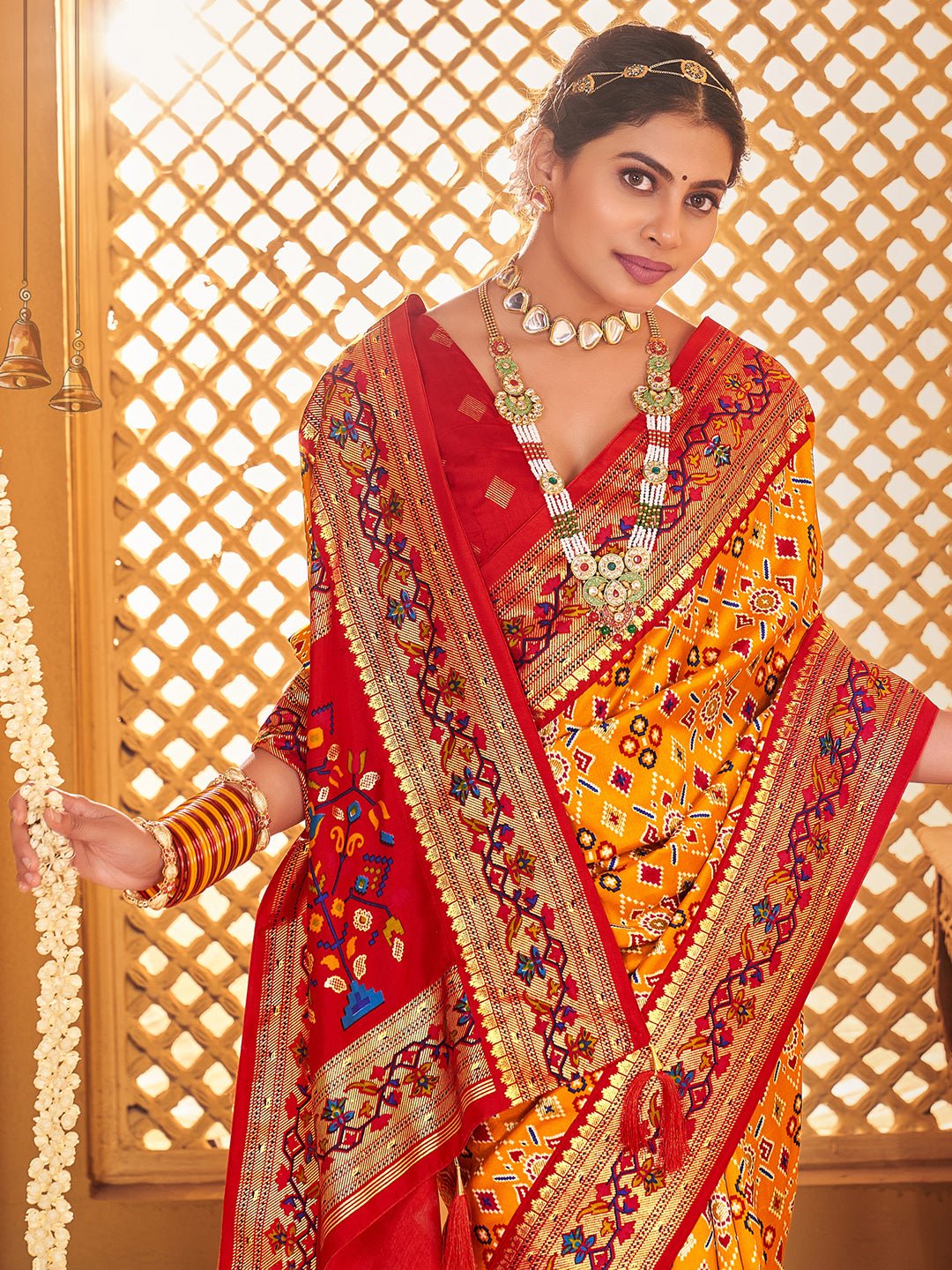 Patola Silk Saree with Red Border & Meenakari Pallu - Ressa