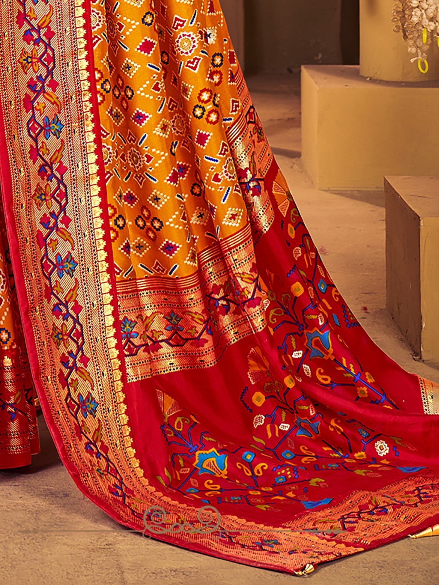 Patola Silk Saree with Red Border & Meenakari Pallu - Ressa