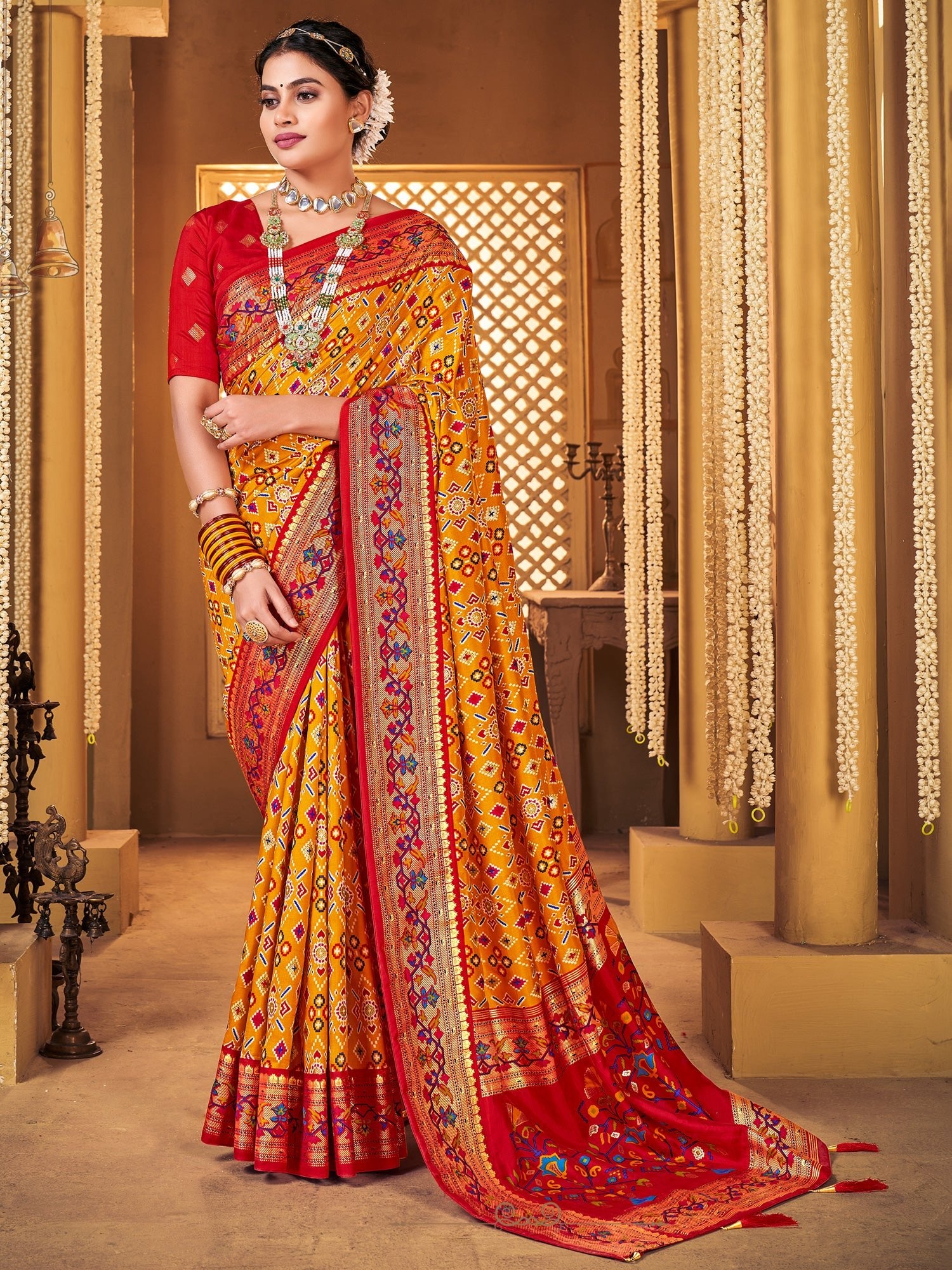 Patola Silk Saree with Red Border & Meenakari Pallu - Ressa