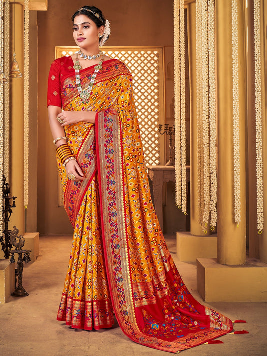 Patola Silk Saree with Red Border & Meenakari Pallu - Ressa