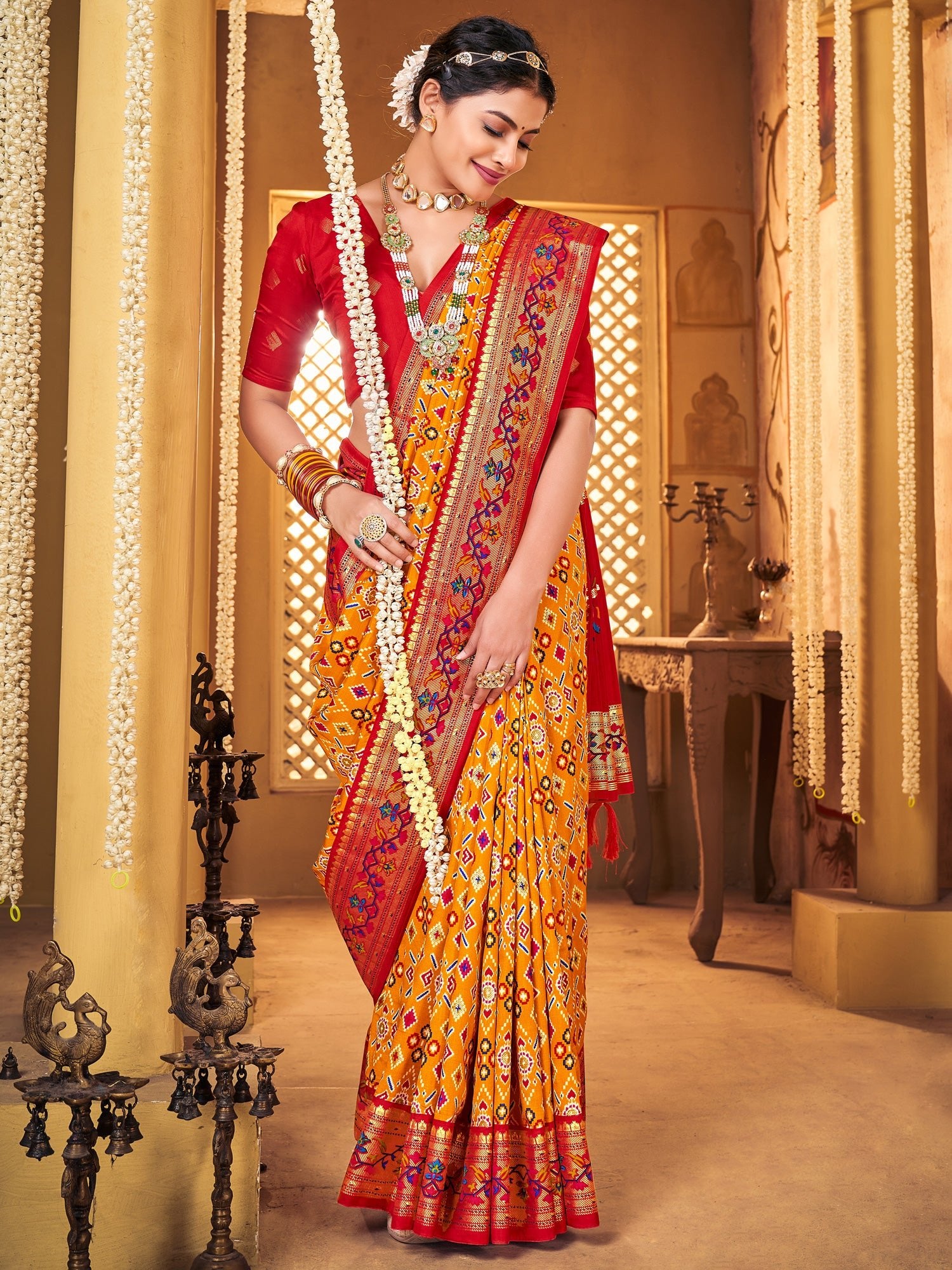 Patola Silk Saree with Red Border & Meenakari Pallu - Ressa