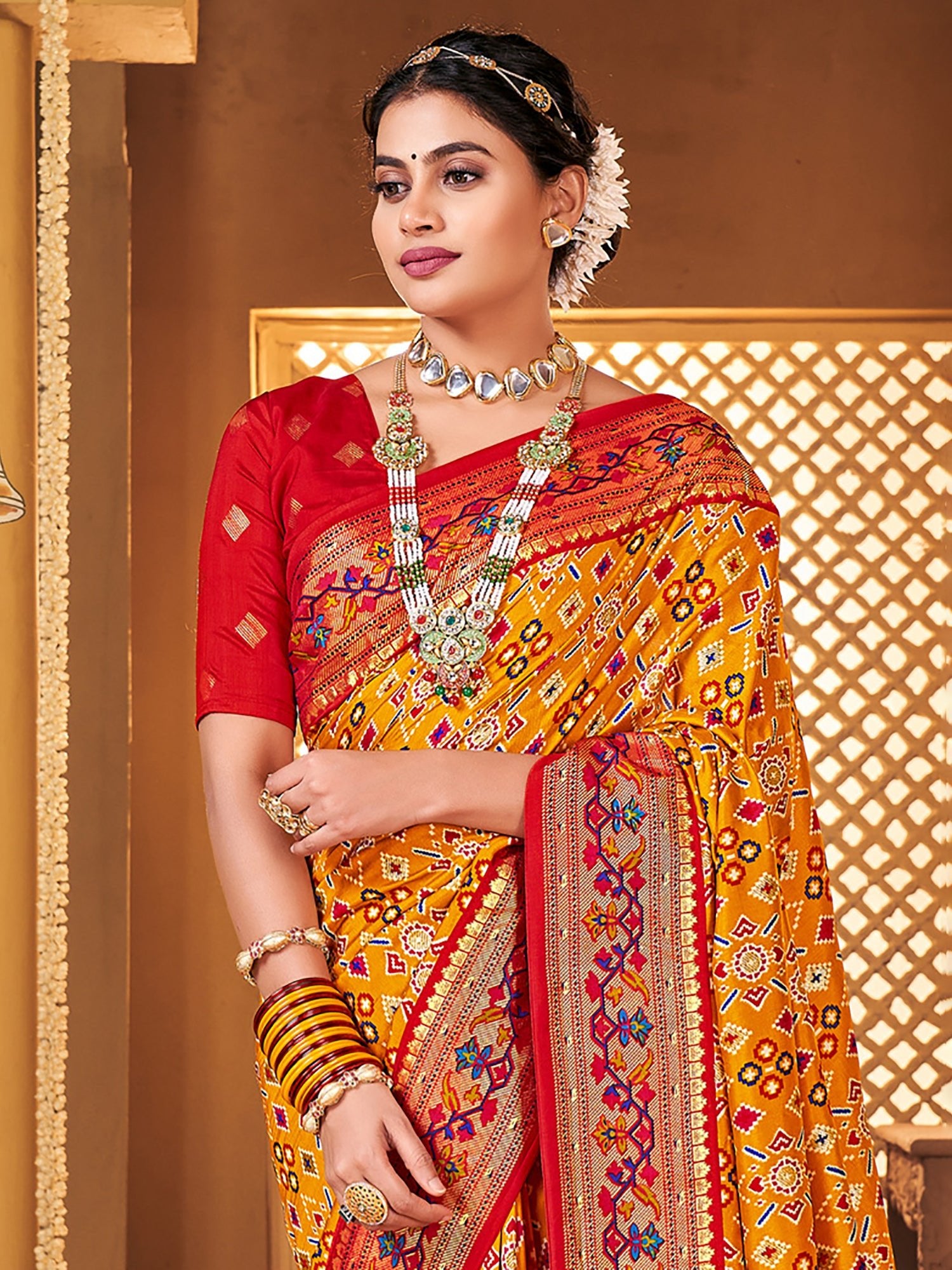 Patola Silk Saree with Red Border & Meenakari Pallu - Ressa