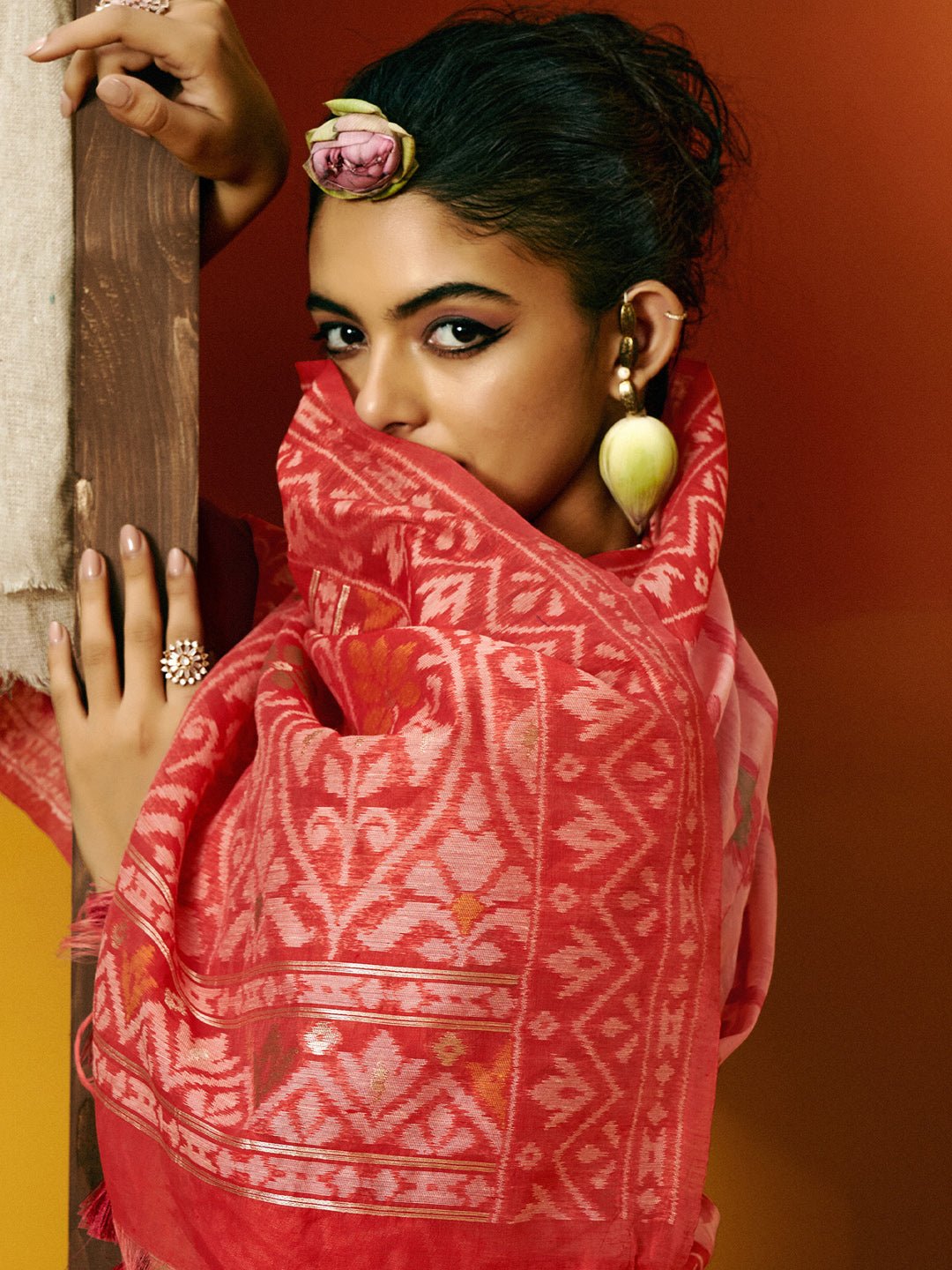 Peach And Red Ikat Style Cotton Silk Saree - Ressa