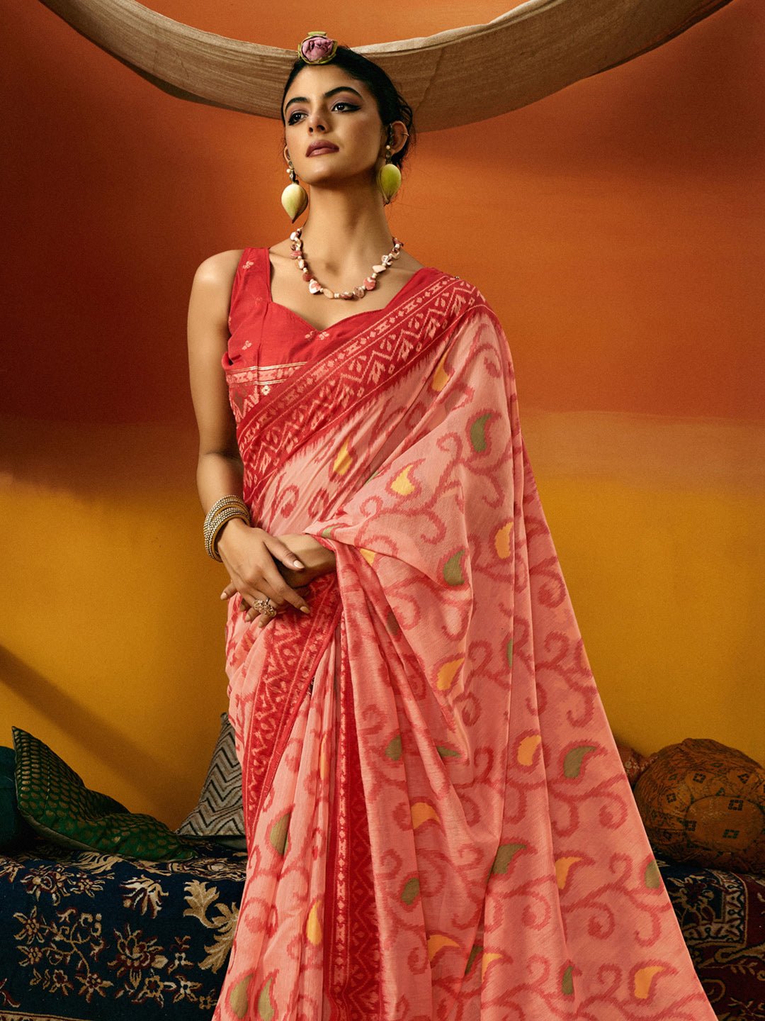Peach And Red Ikat Style Cotton Silk Saree - Ressa