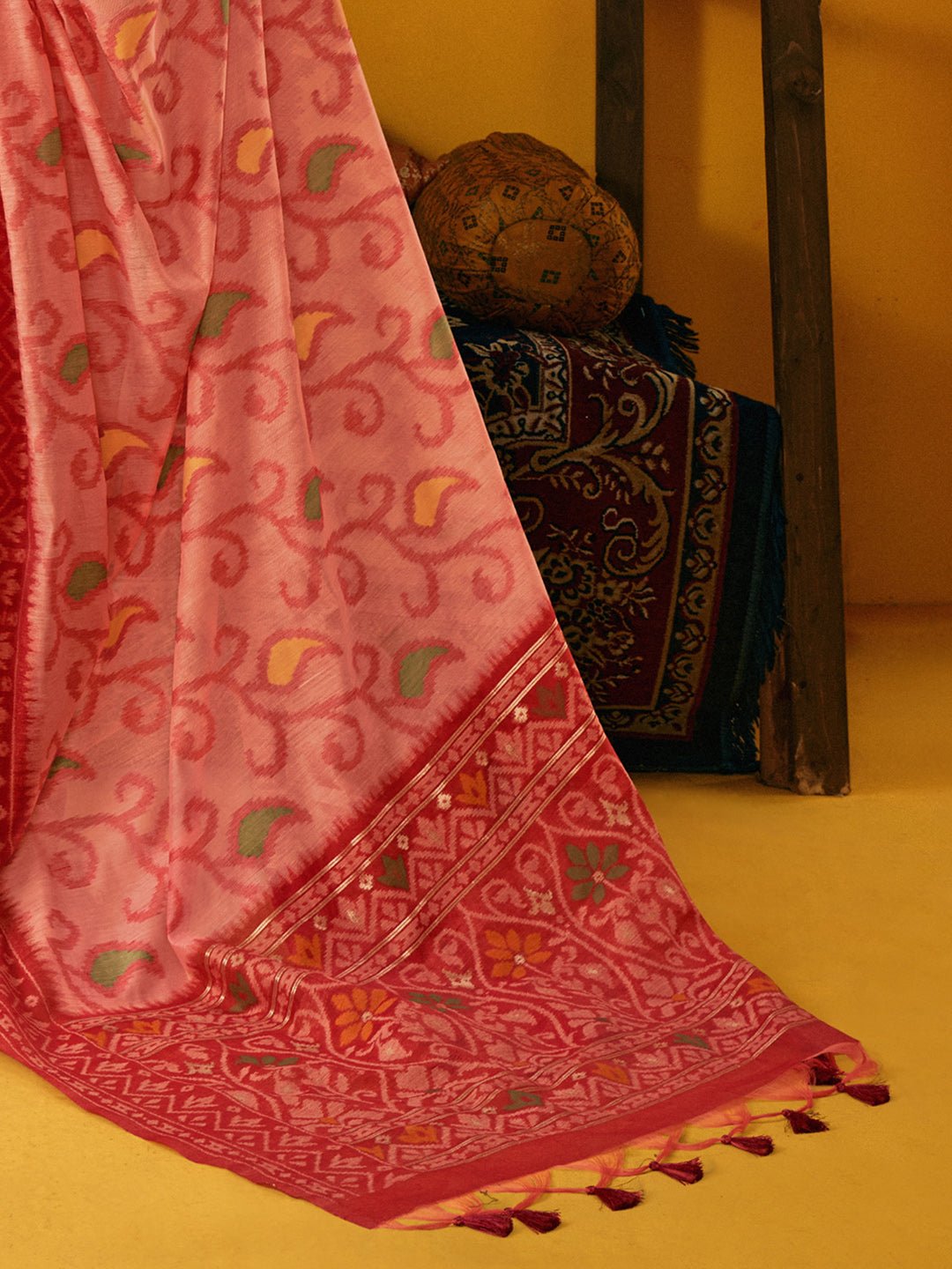 Peach And Red Ikat Style Cotton Silk Saree - Ressa