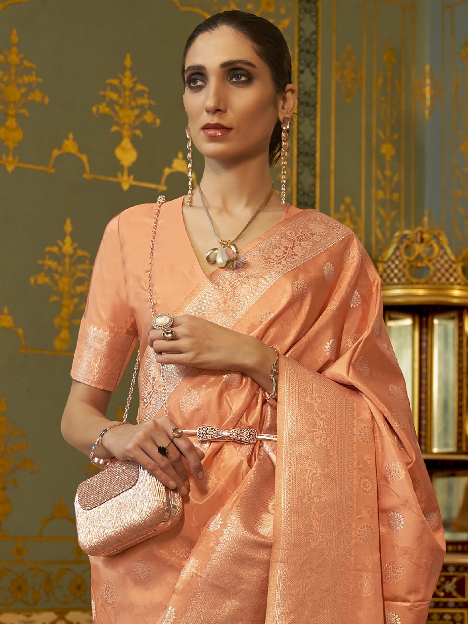 Peach Banarasi Brocade Silk Saree - Ressa