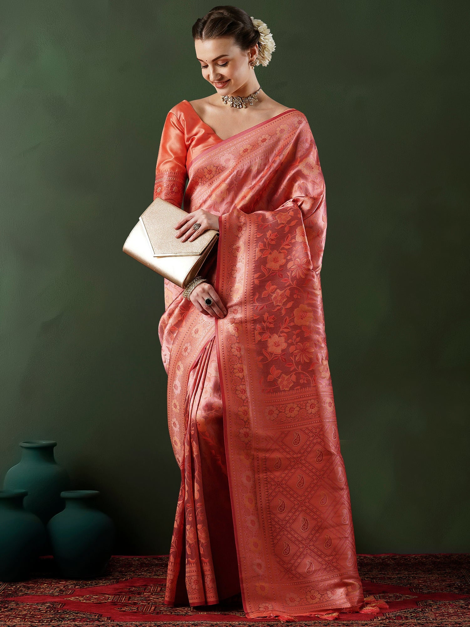 Peach Banarasi Silk Saree with All-Over Zari Floral Weave - Ressa