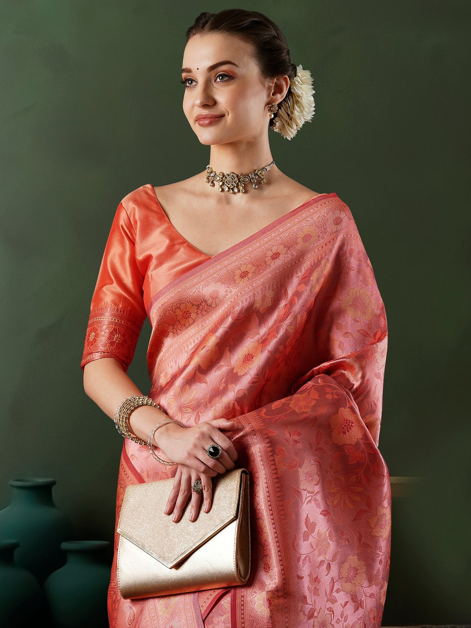 Peach Banarasi Silk Saree with All-Over Zari Floral Weave - Ressa
