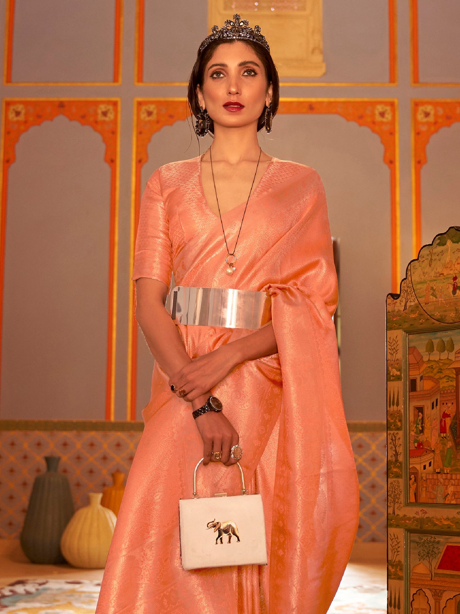 Peach Banarasi Tissue Silk Saree - Ressa