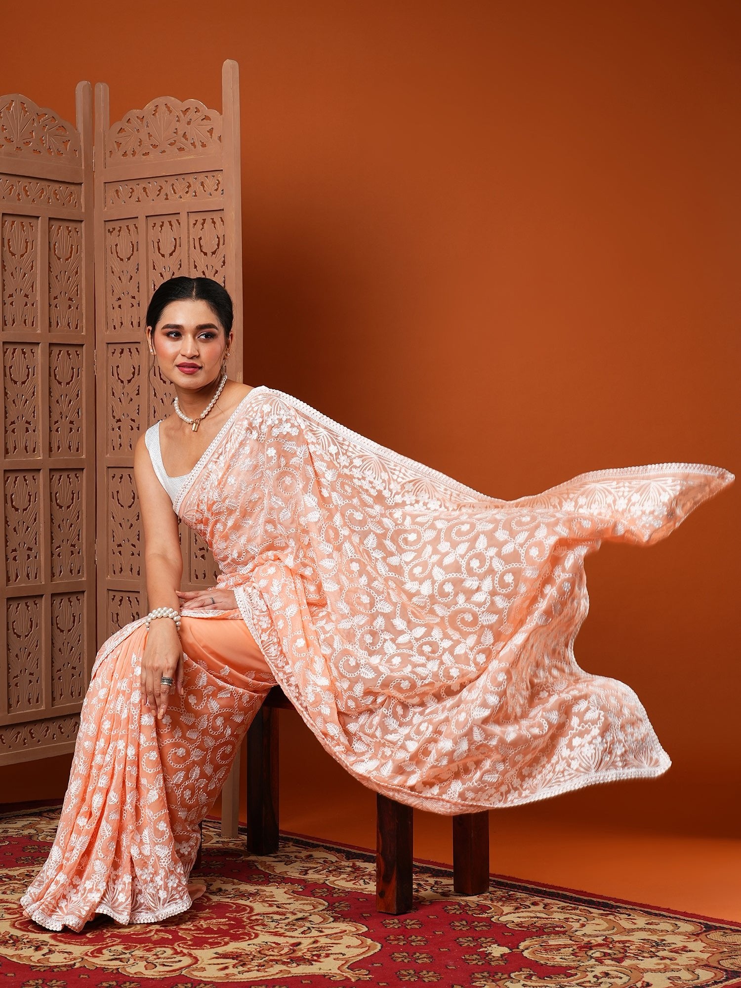 Peach Chikankari Georgette Saree with Lace Border - Ressa