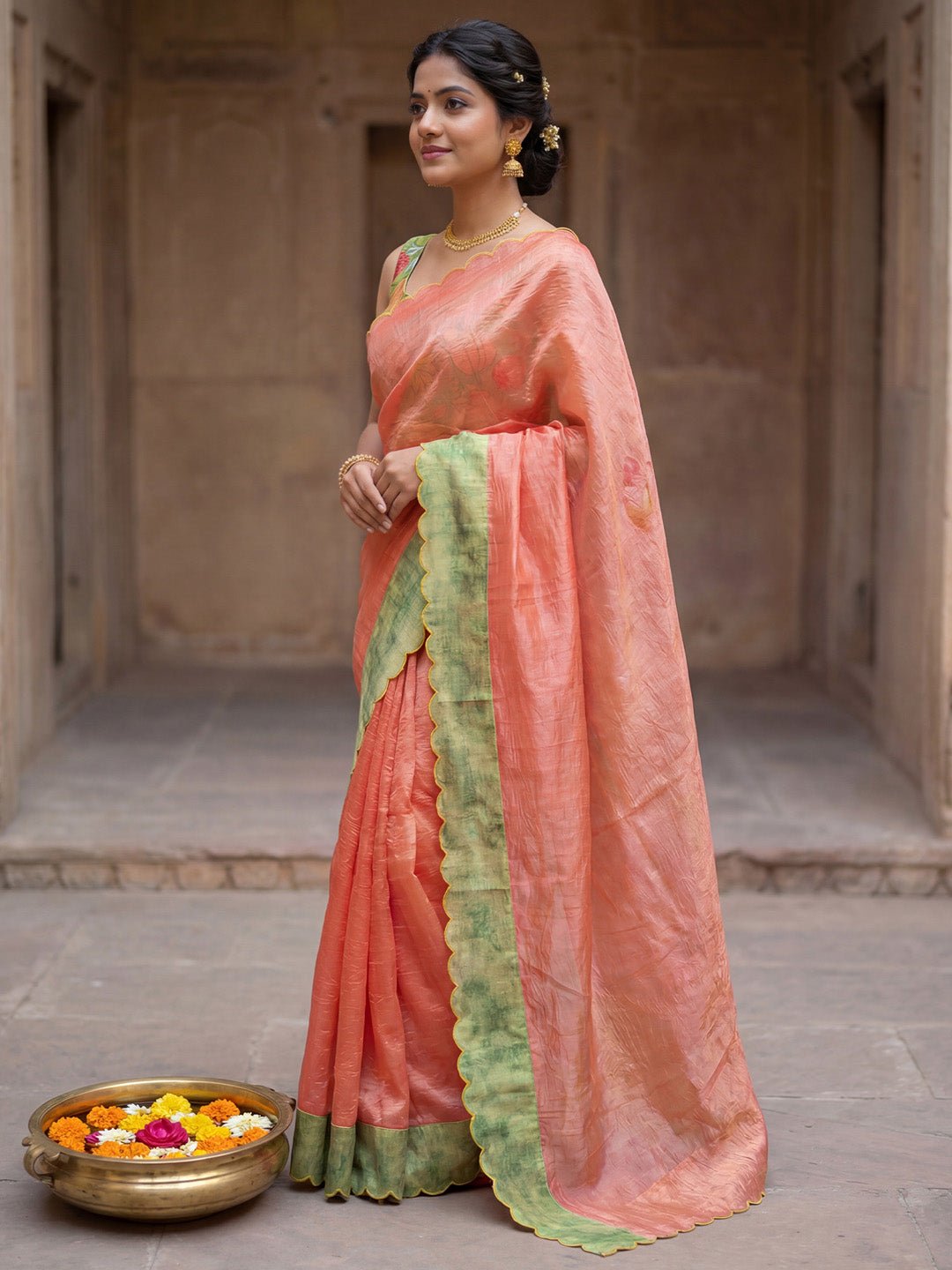 Peach Cut Work Party Wear Saree - Ressa