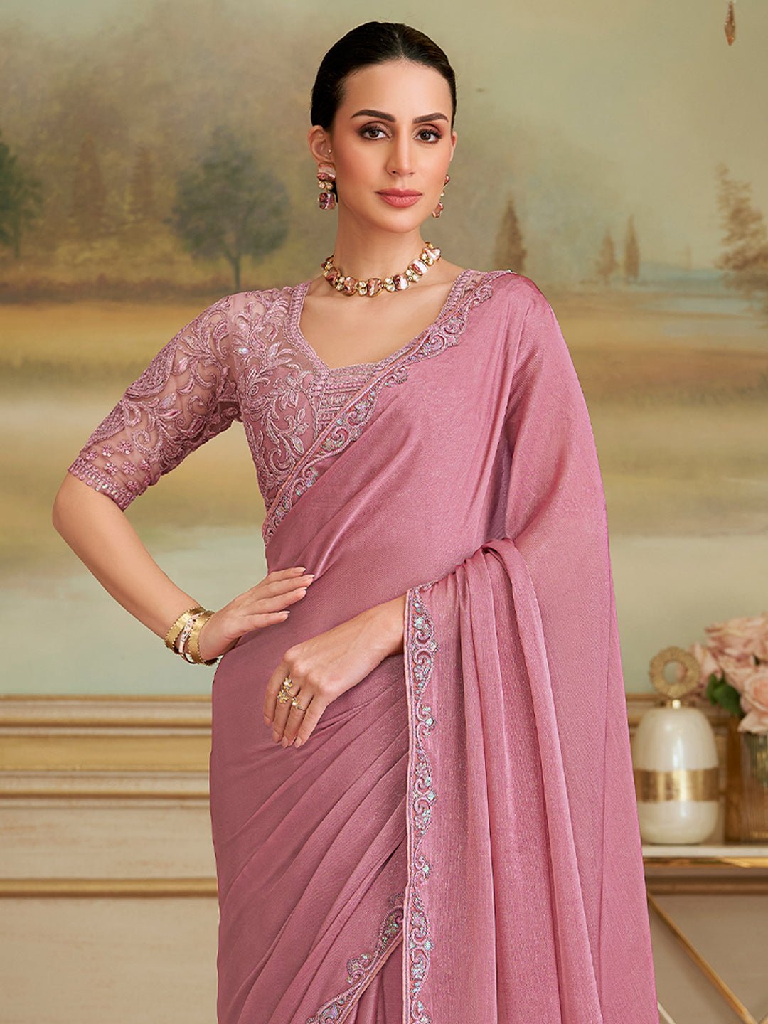 Peach Embellished Georgette Saree - Ressa