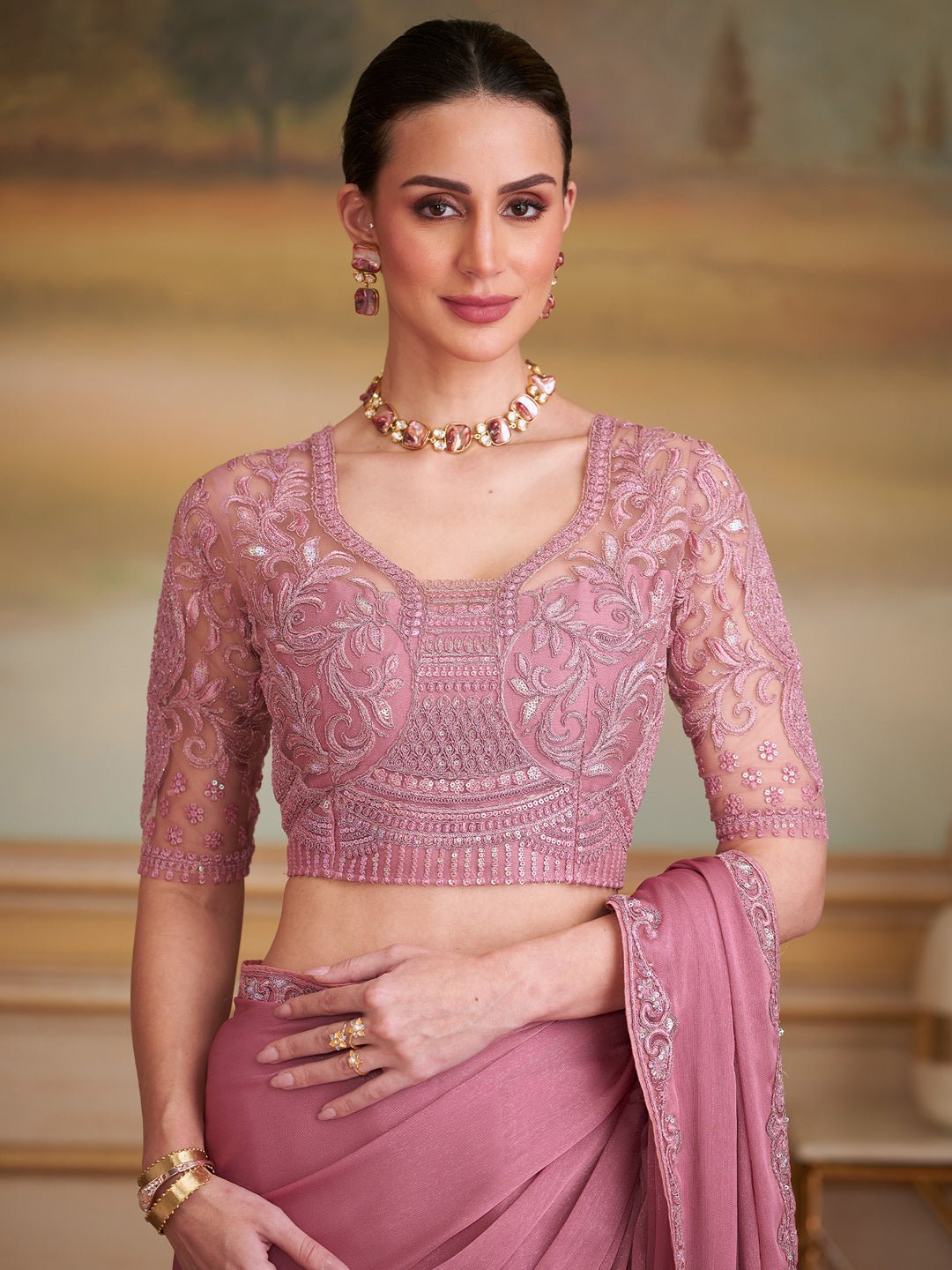 Peach Embellished Georgette Saree - Ressa