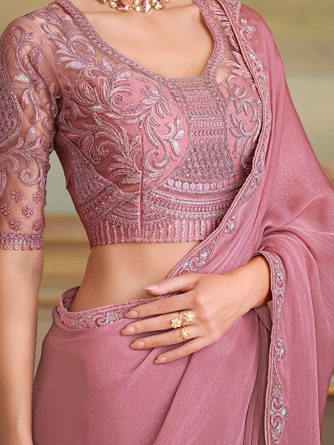 Peach Embellished Georgette Saree - Ressa