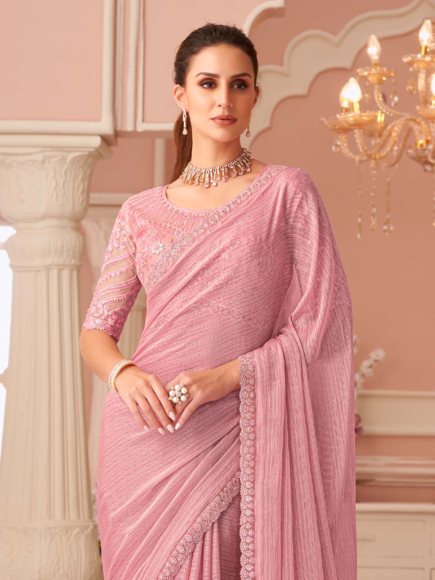 Peach Embellished Sequinned Pure Chiffon Saree - Ressa