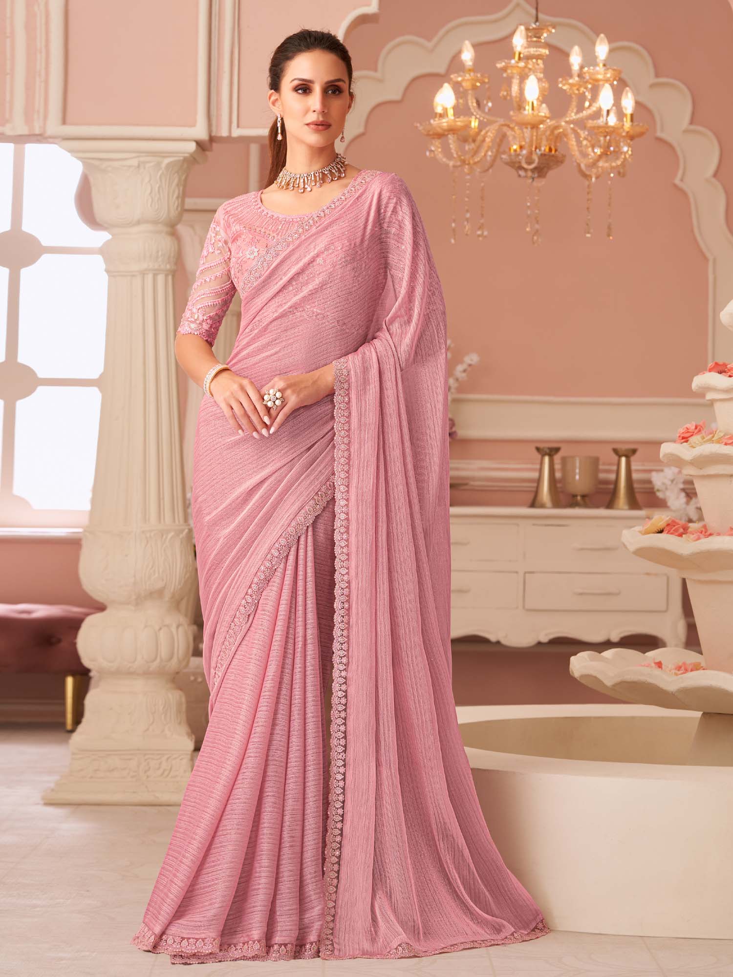 Peach Embellished Sequinned Pure Chiffon Saree - Ressa