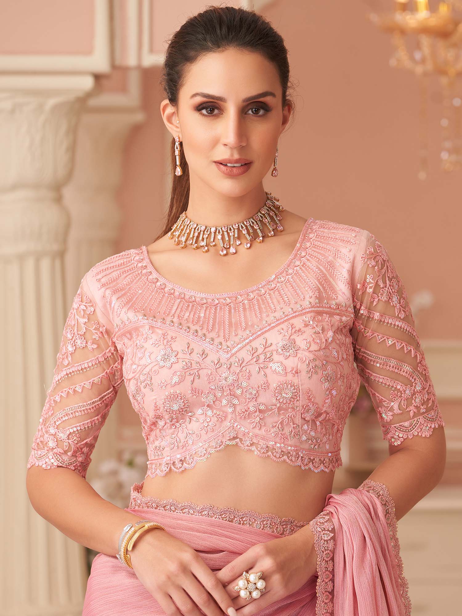 Peach Embellished Sequinned Pure Chiffon Saree - Ressa