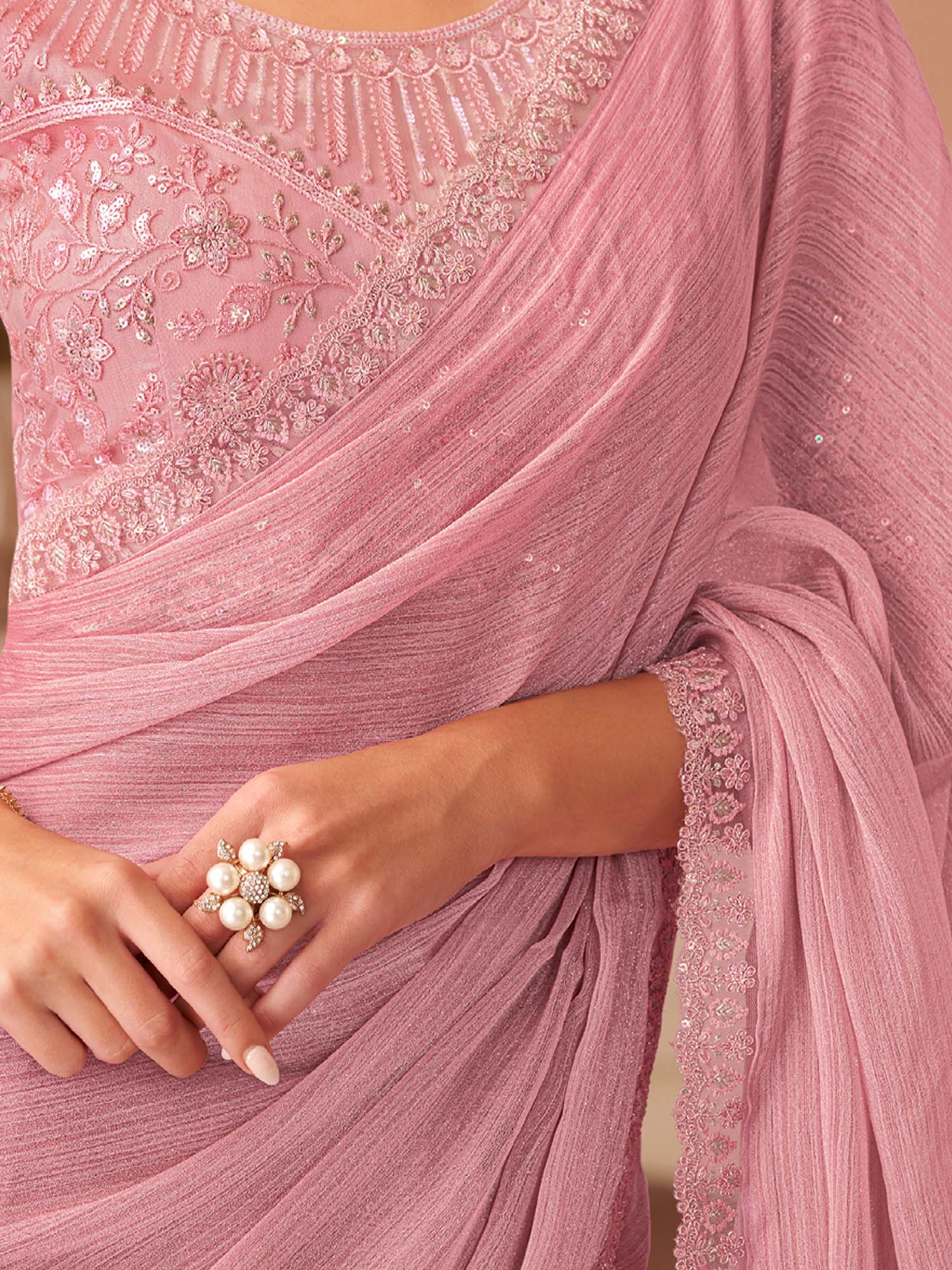 Peach Embellished Sequinned Pure Chiffon Saree - Ressa