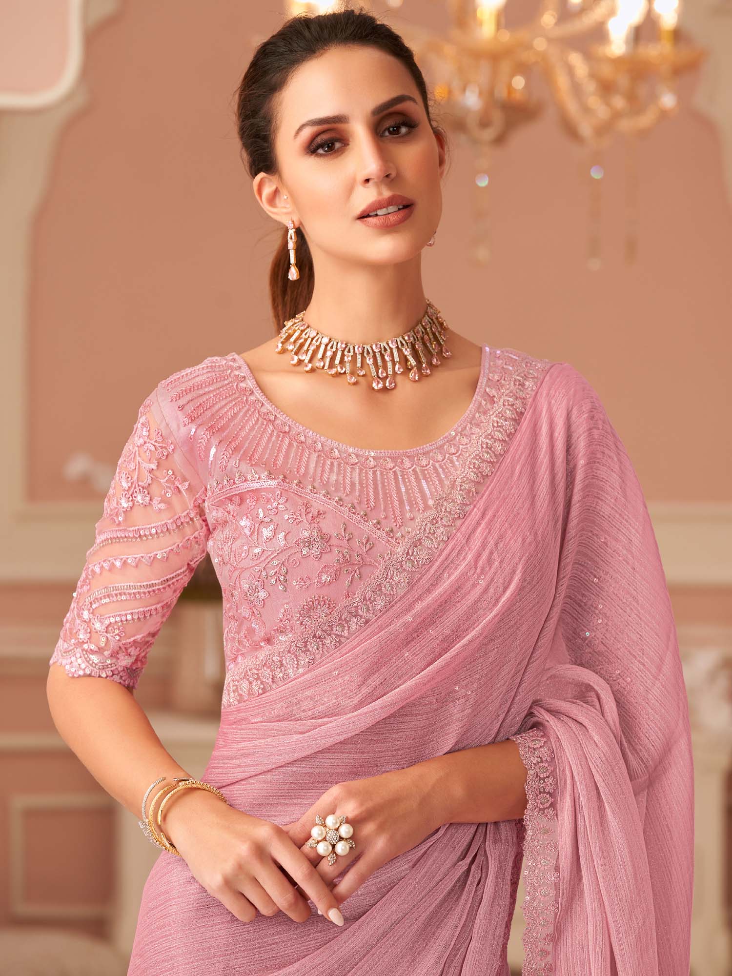 Peach Embellished Sequinned Pure Chiffon Saree - Ressa