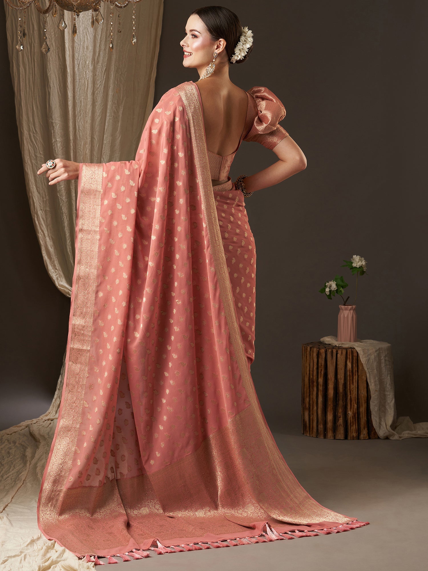 Peach Floral Georgette Saree with Jari Border - Ressa