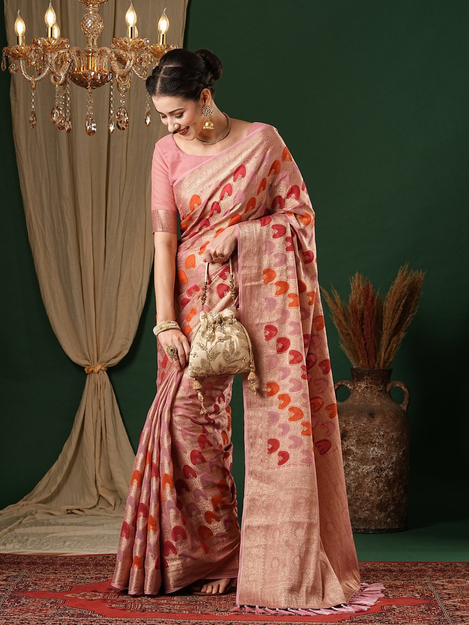 Peach Floral Georgette Saree with Jari Border - Ressa