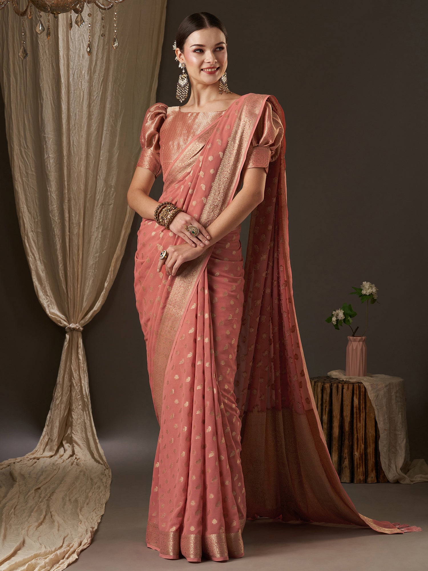Peach Floral Georgette Saree with Jari Border - Ressa