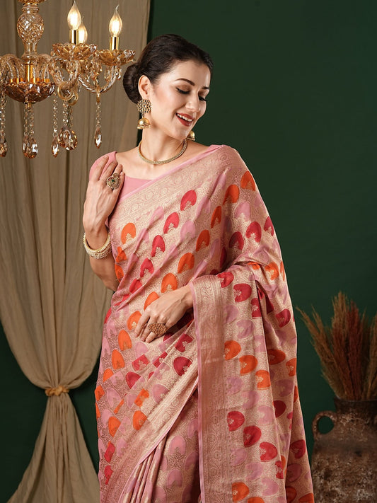 Peach Floral Georgette Saree with Jari Border - Ressa