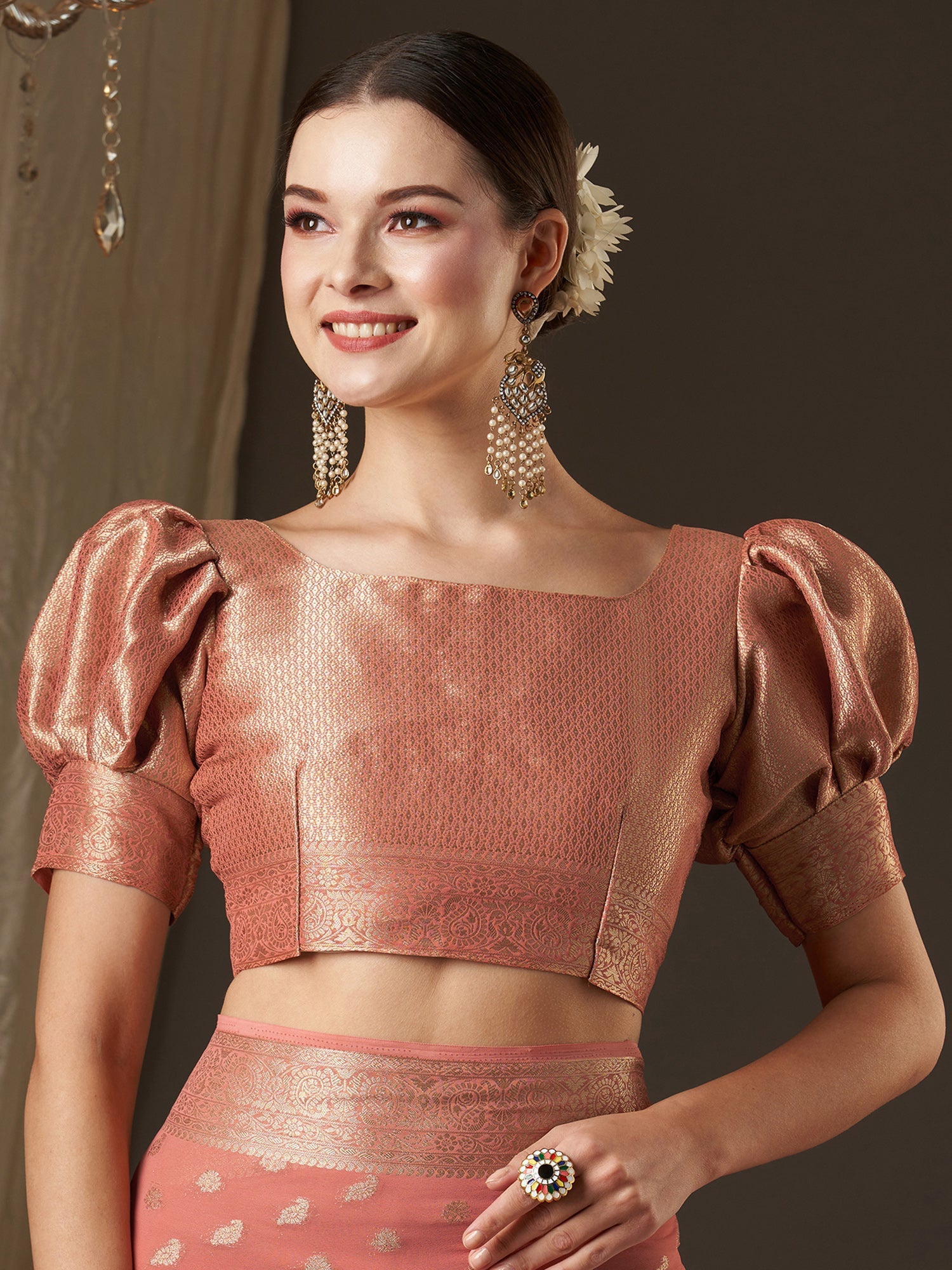 Peach Floral Georgette Saree with Jari Border - Ressa